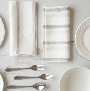 Premium White Linen Napkins with Sand & Black Stripes - Set of 2 - Elegant Dining, Dinner Parties & Home Decor