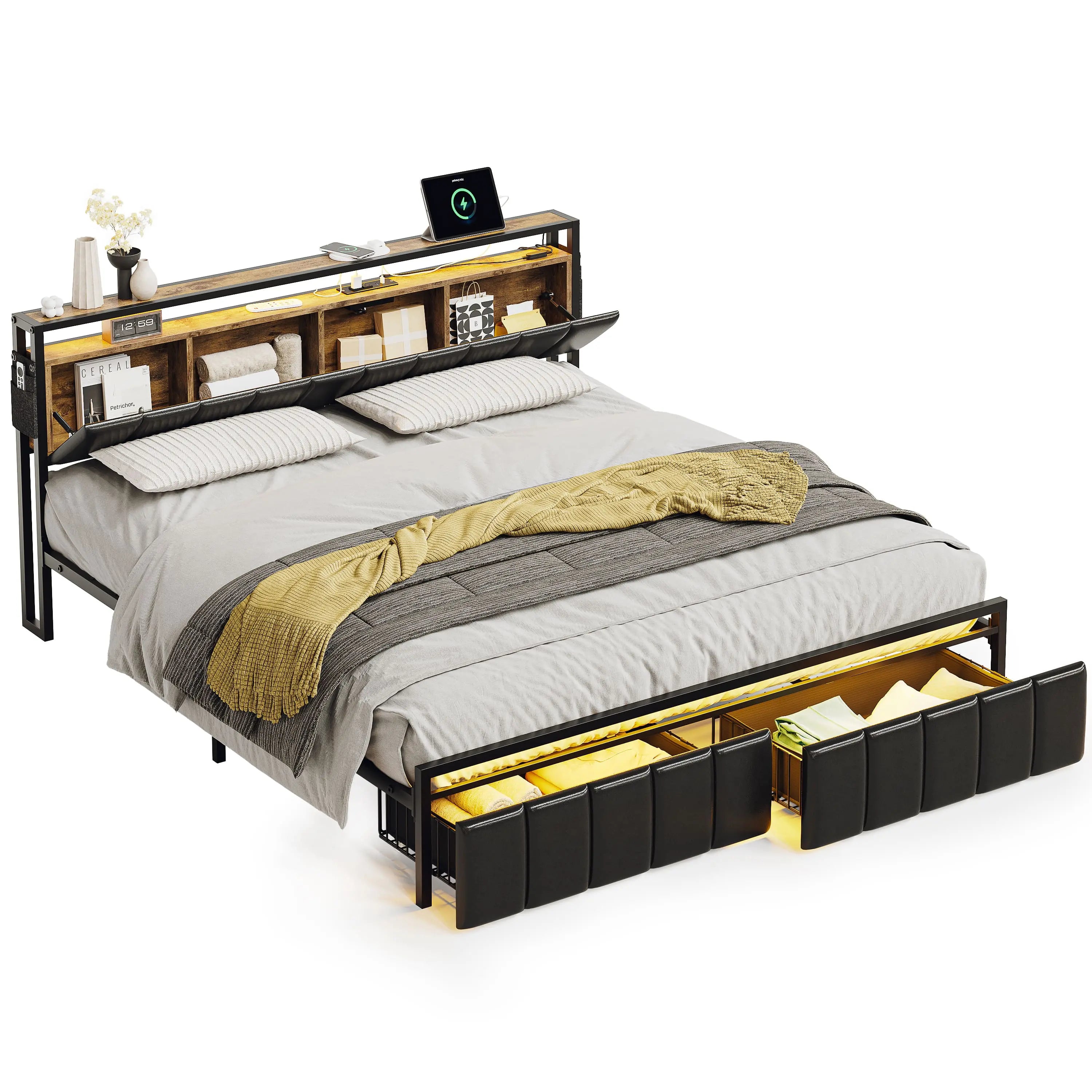 Bestier Black PU Leather King Size Bed Frame with Hidden Storage Headboard - Modern Platform Bed with Upholstered Headboard for Master Bedroom, Guest Room & Apartment
