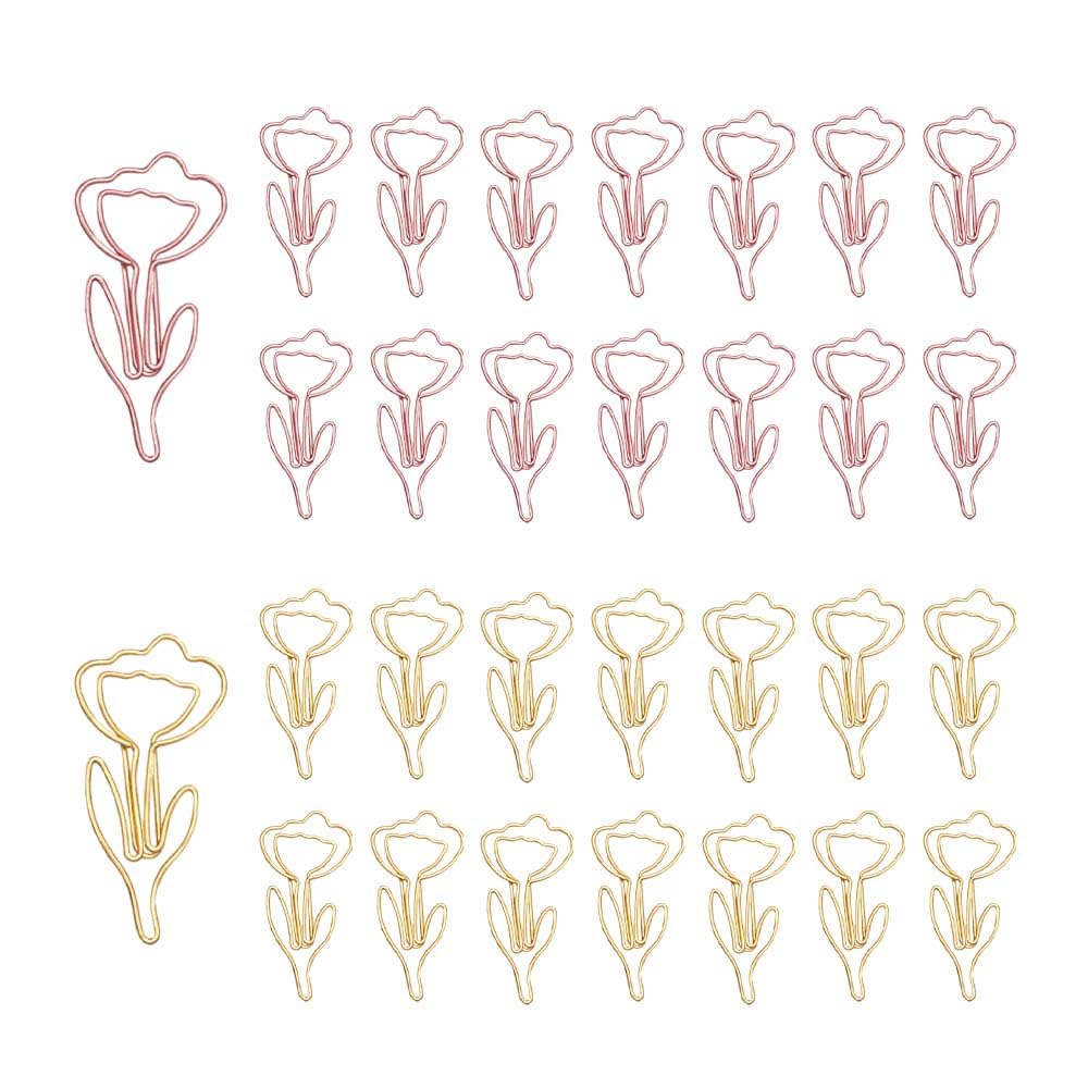 OWLFAVO 30pcs Rose Gold & Yellow Gold Flower Shaped Paper Clips - Cute Planner Clips, Bookmarks for Office, School, Wedding Decor | Fun Stationery Gift Set in Clear Storage Box