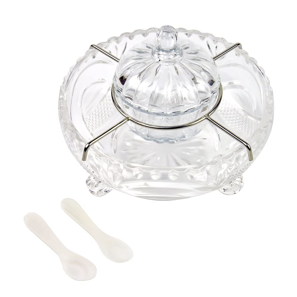 Premium Caviar Serving Set - 1 Glass Divided Bowl & 2 Mother of Pearl Spoons - Elegant Appetizer Dish for Seafood, Shrimp, Sushi - Perfect for Dinner Parties, Restaurants & Catering Events