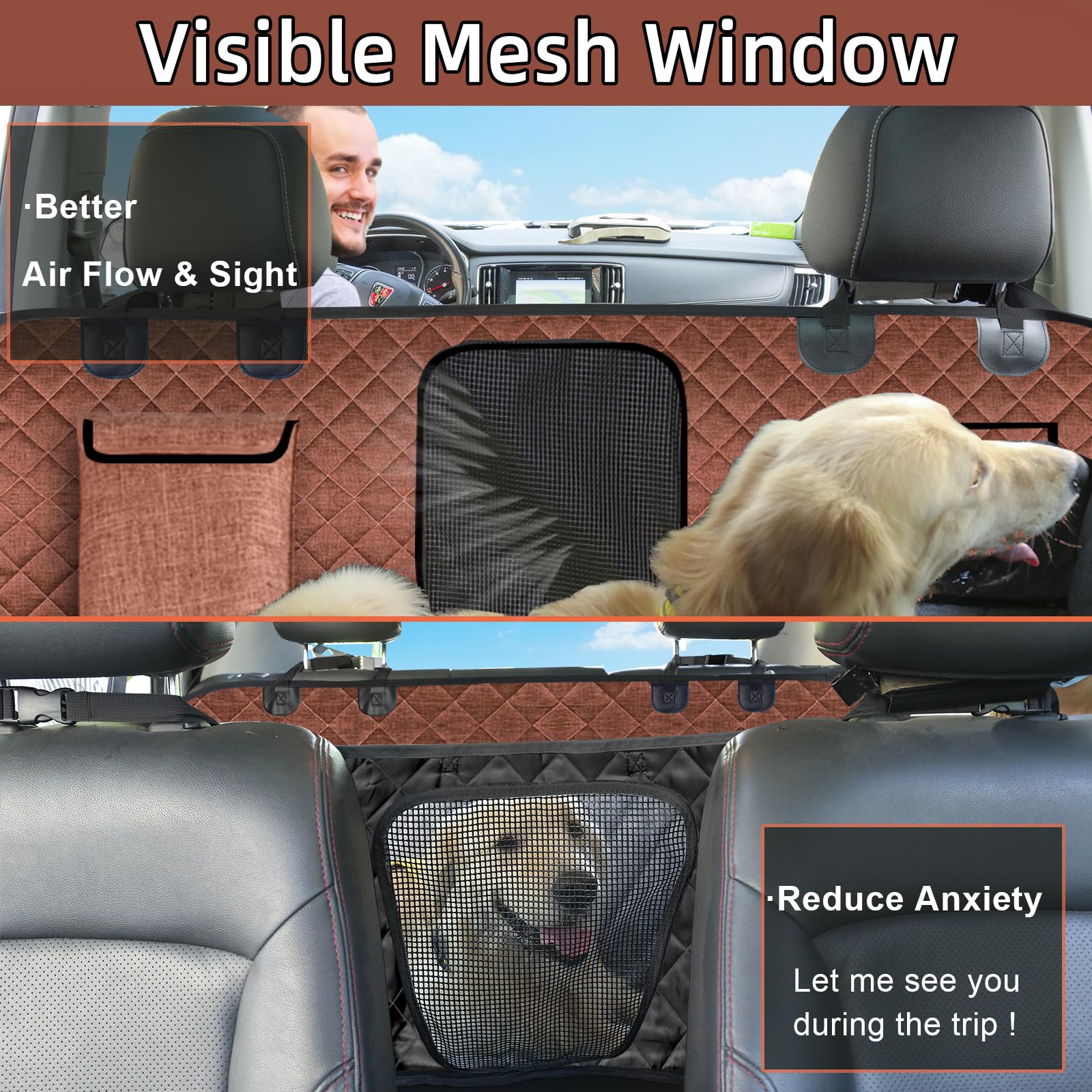Waterproof Car Dog Hammock Back Seat Cover with Mesh Window, Nonslip Rubber Back, Washable Luxury Material, Big Storage Pocket for SUV/Sedan - Perfect for Travel & Daily Commute