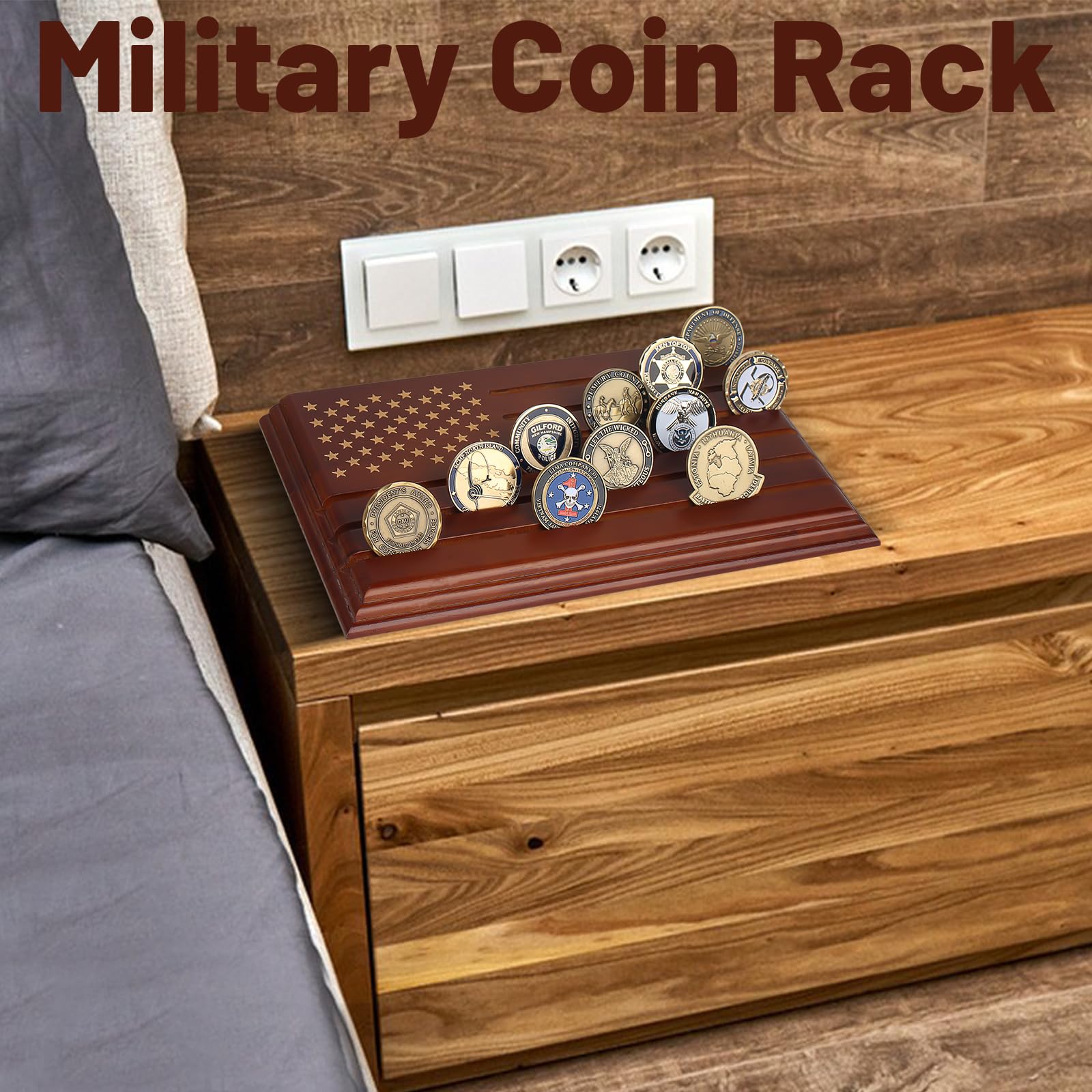 Samplife Military Challenge Coin Display - 6 Row Wooden Army Coin Rack Holder with American Flag - Solid Collectible Coin Stand for Military Medals, Police Badges & Commemorative Coins - Perfect for Home Office, Man Cave or Gift Display