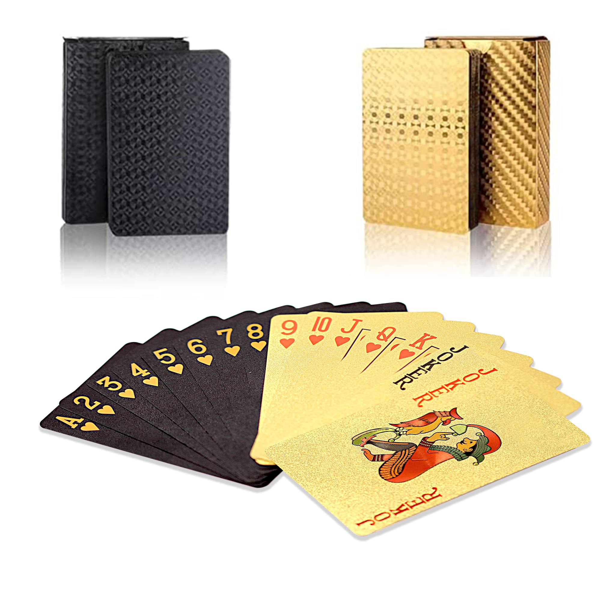 2 Pack Waterproof Plastic Playing Cards - Black & Gold 3D Embossed Poker Cards | Durable PET Material for Magic Tricks, Casino Games & Party Entertainment | Ideal Gift for Card Players & Collectors (Great for Pool Parties, Camping & Outdoor Activities)