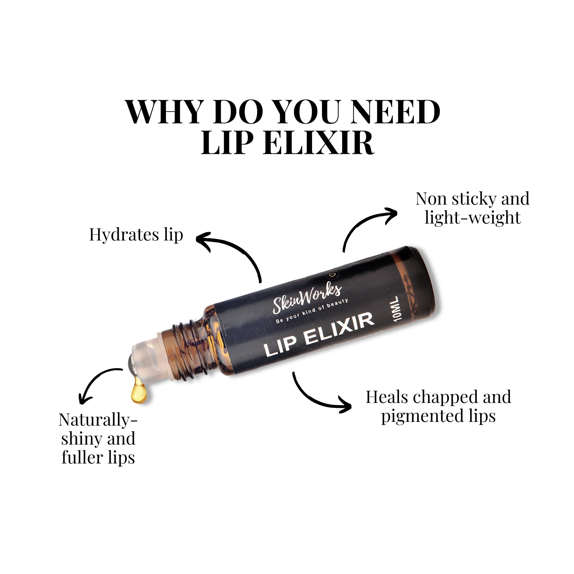 Skinworks Lip Elixir Oil - Natural Plumping Lip Treatment for Hydration & Shine, Non-Sticky Formula for Dry & Chapped Lips (10ml) | Perfect for Daily Moisture & Nighttime Lip Care