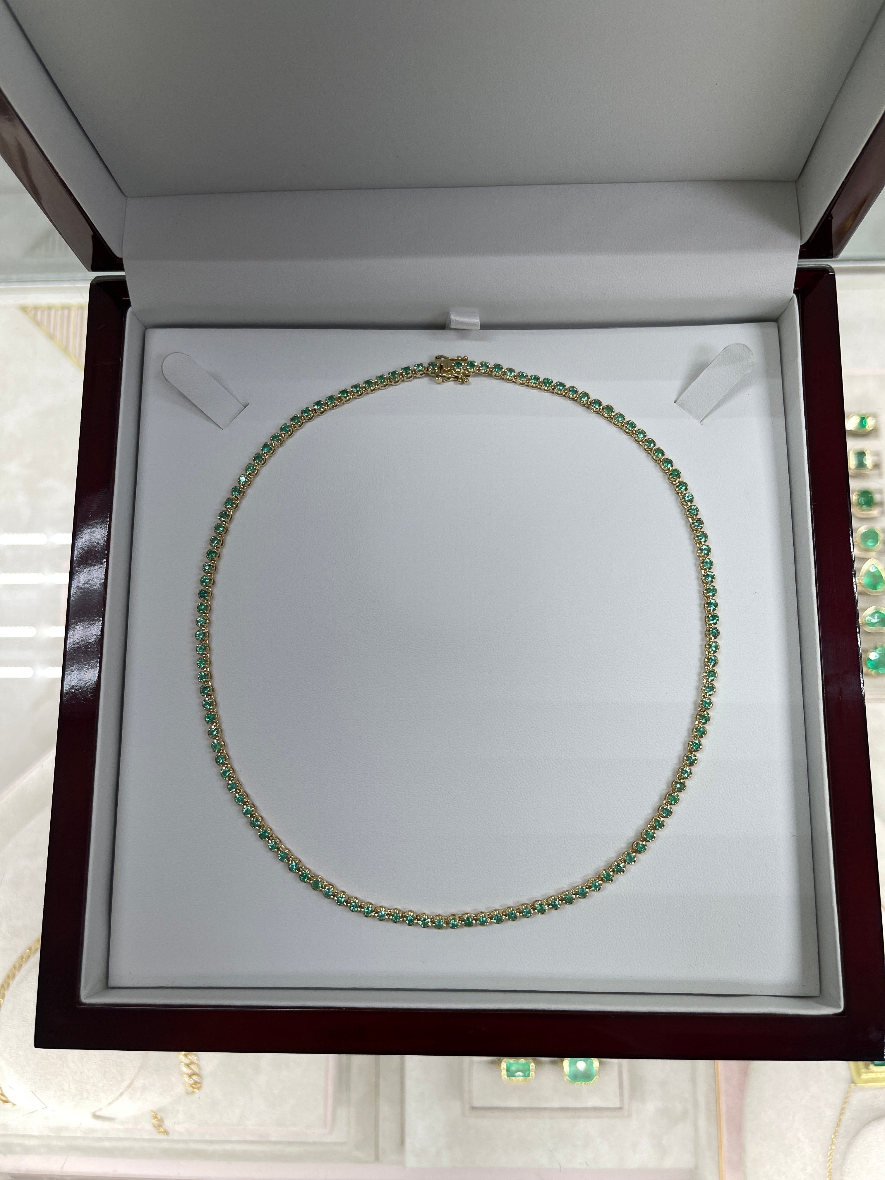 Trendy 14K Gold Green Emerald Round Prong Tennis Necklace - 16 Inch Elegant Jewelry for Women, Perfect for Weddings, Parties & Special Occasions