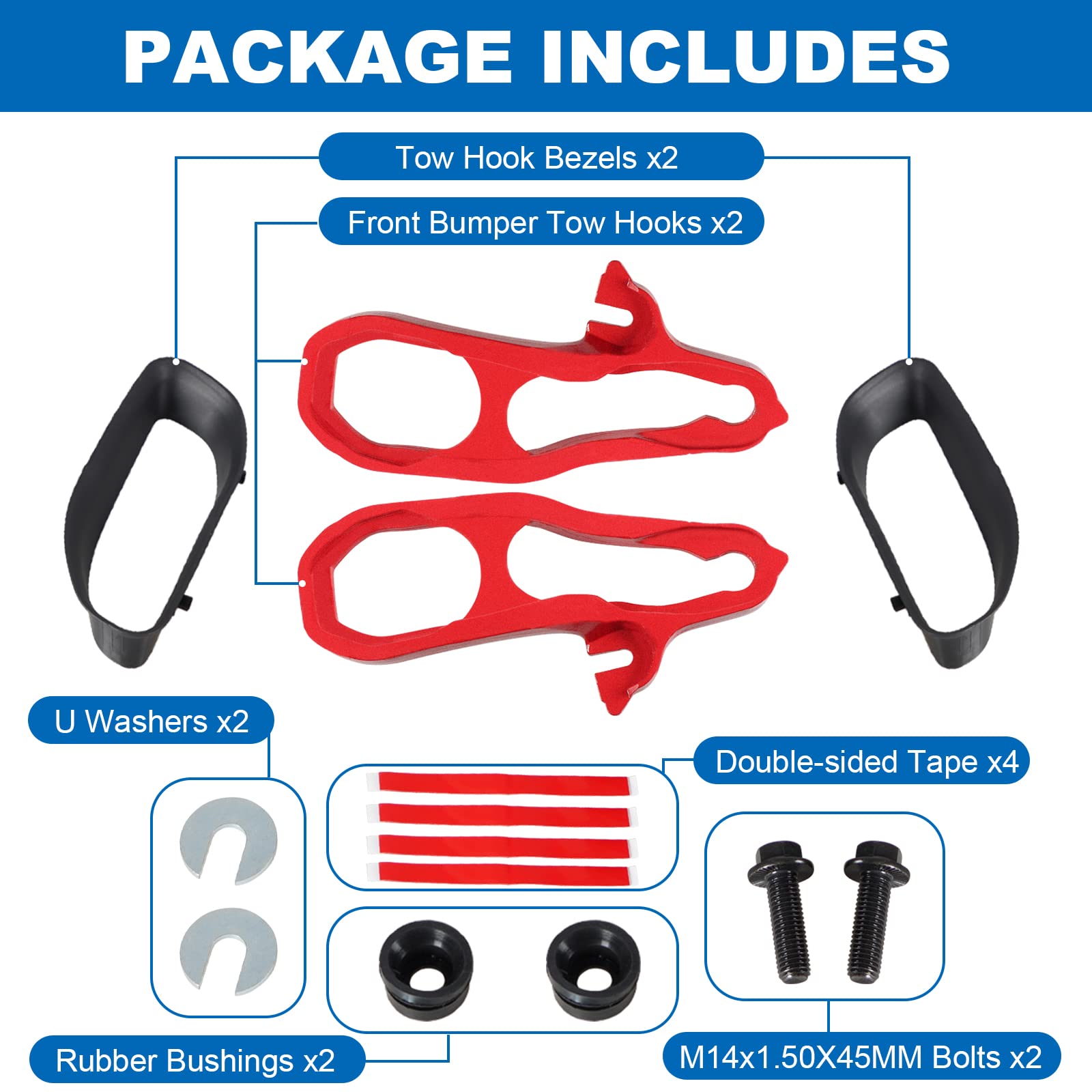 Heavy Duty Front Tow Hooks Pair for 2019-2022 Dodge Ram 1500 3.0L 3.6L 5.7L Engine - Direct Replacement for OEM# 68272945AB & 68272944AB - Off-Road Recovery & Truck Accessories (Red)