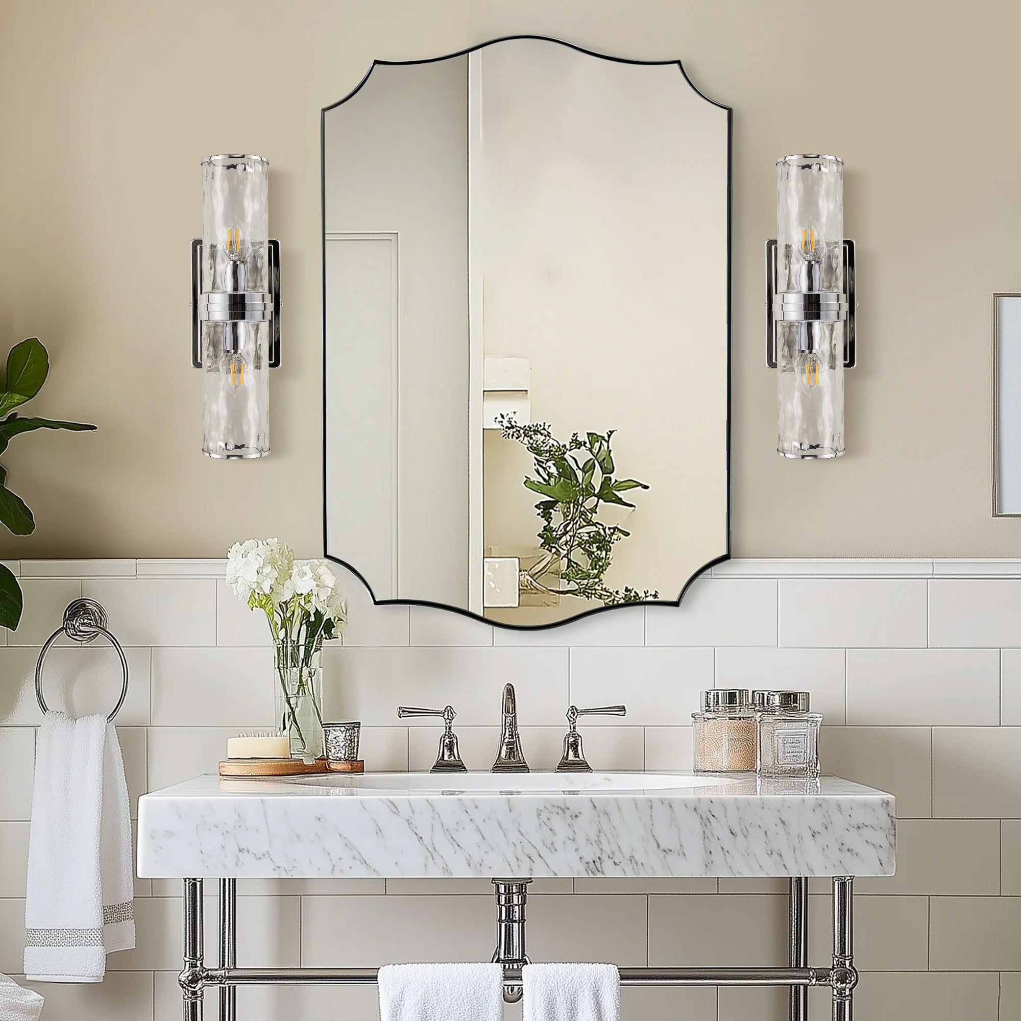 Contemporary Scalloped Rectangle Wall Mirror with Stainless Steel Frame - Elegant Home Decor for Living Room, Bedroom & Entryway