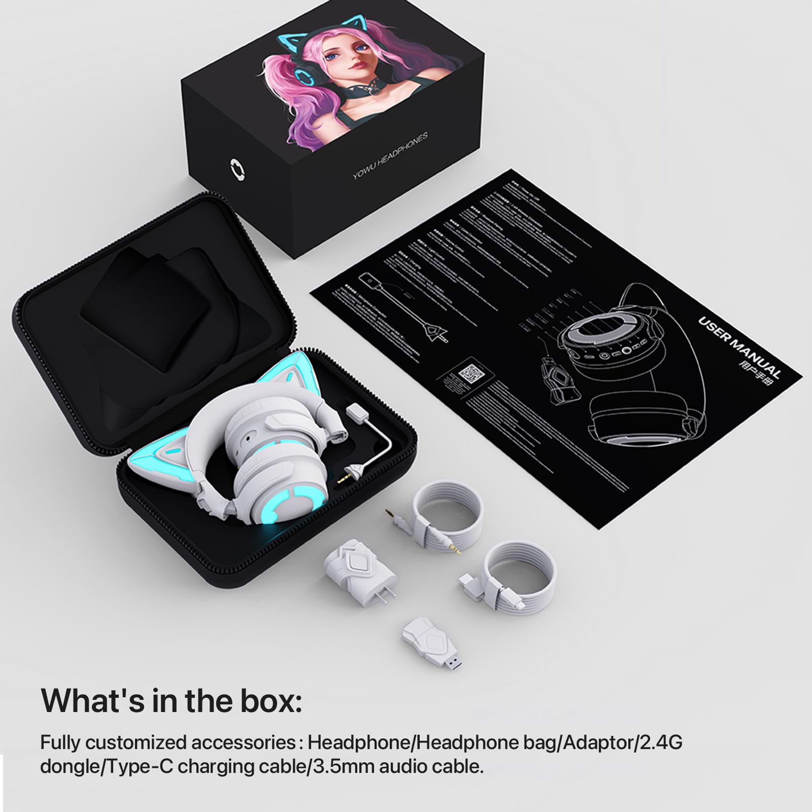 YOWU Cat Ear RGB Gaming Headset with Mic - 2.4G Wireless & Wired USB/Type C Bluetooth Headphones for PC, PS4, PS5, XBOX, Switch (White) - Perfect for Gaming, Streaming & Cosplay