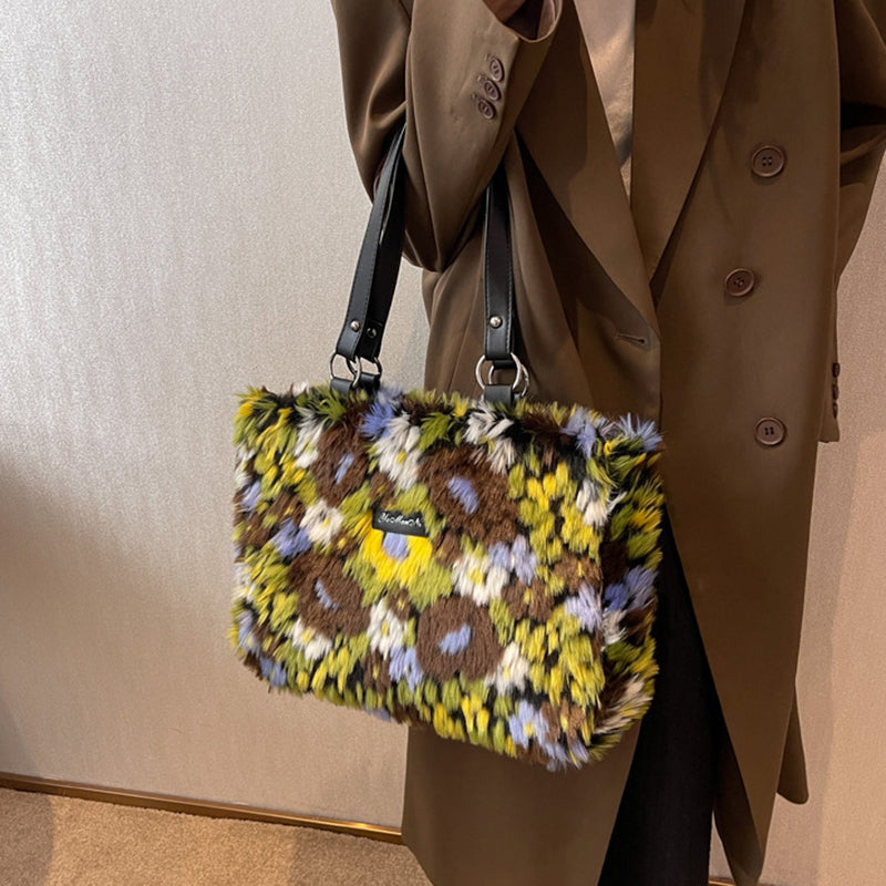 Women's Winter Plush Flower Shoulder Bag - Elegant Handbag for Casual Outings, Shopping & Travel