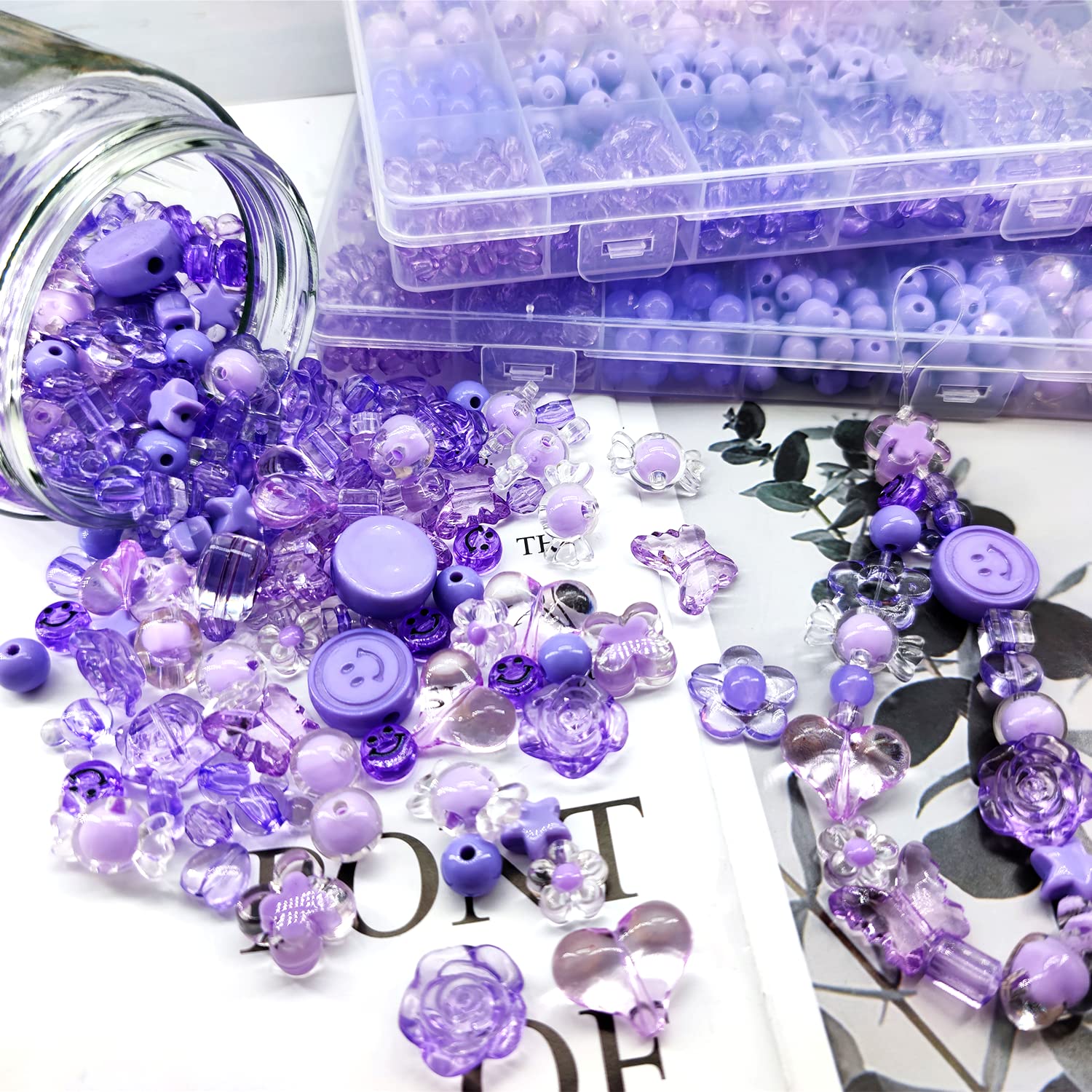 450Pcs Pastel Purple Acrylic Beads Assortment - Flower, Heart, Star, Smile, Butterfly & Mickey Shapes for DIY Jewelry Making, Bracelets, Necklaces - Bulk Craft Beads for Kids & Adults, Perfect for Gift Wrapping & Party Favors