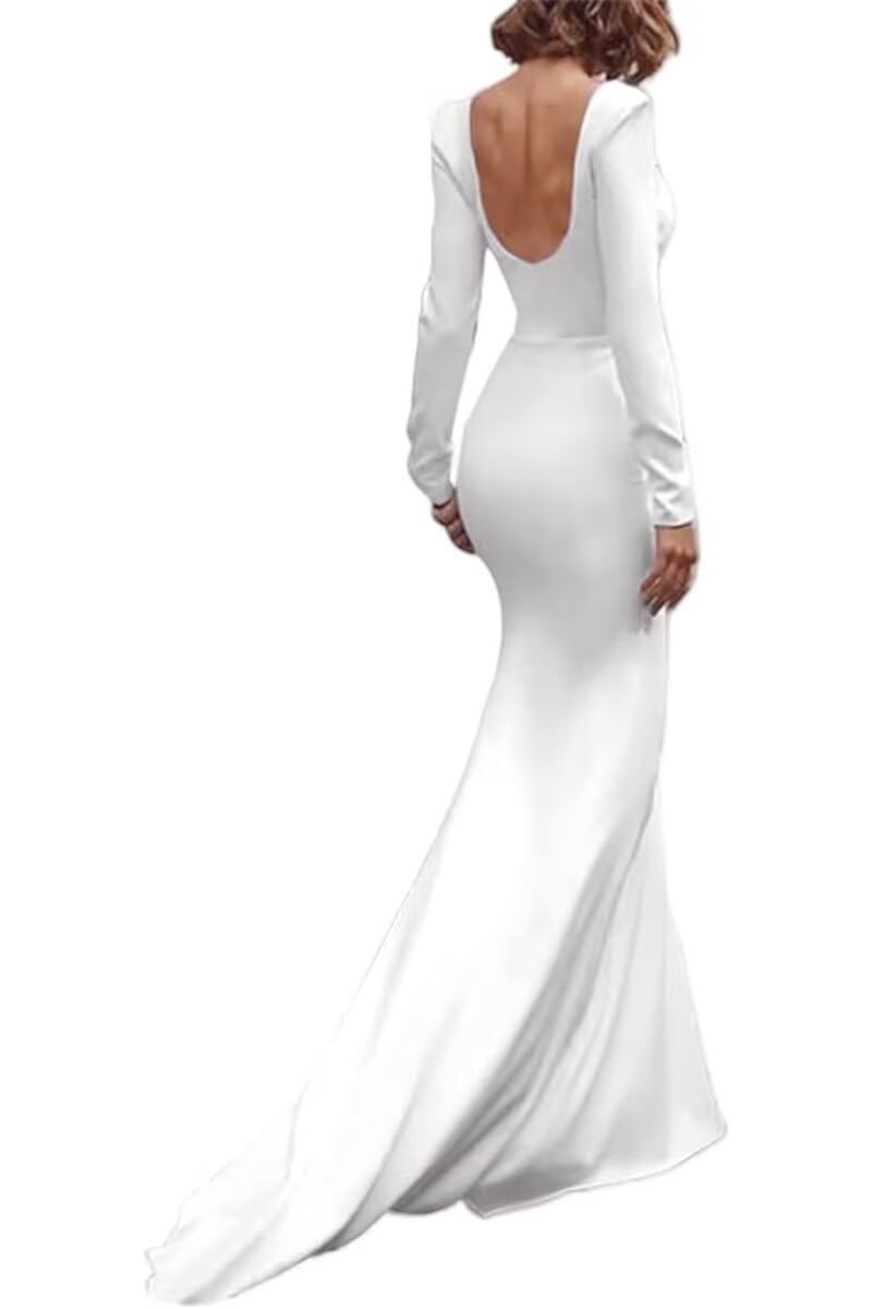 Elegant Long Sleeve Mermaid Wedding Dress - Satin Square Neck Evening Gown with Train for Women | Perfect for Bridal, Formal Parties & Special Occasions