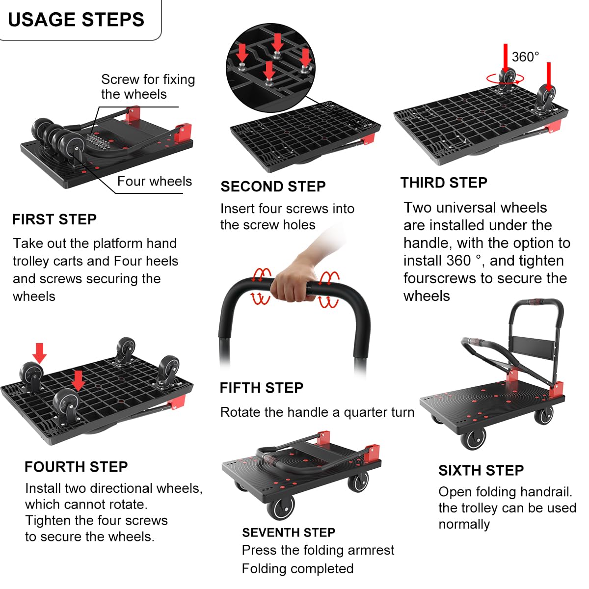 **WUD Heavy Duty Folding Push Cart - 1323 lb Capacity, 360° Swivel Wheels, Reinforced Steel Frame (35.4