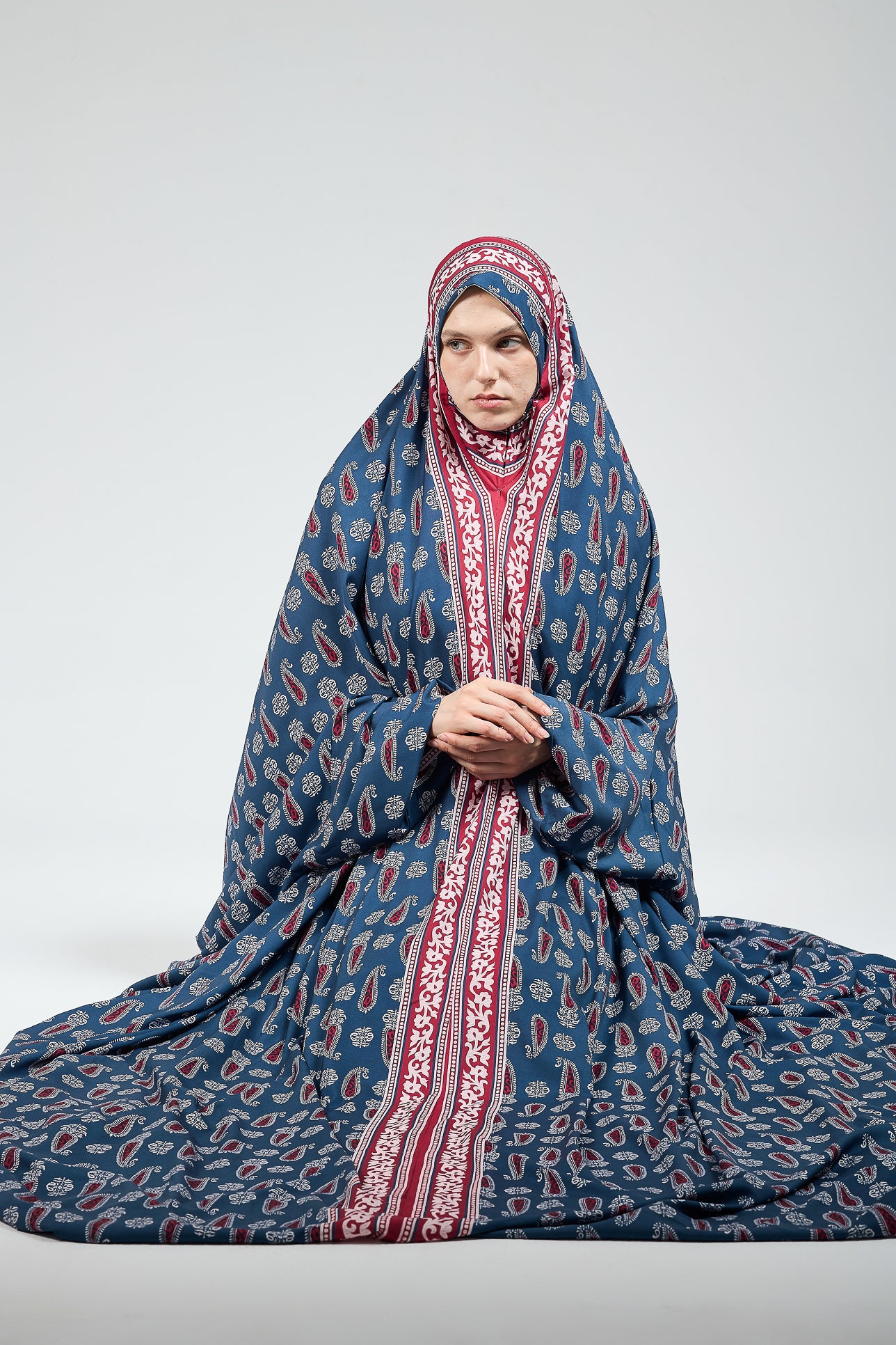 Meera Elegant Satin Prayer Gown with Ornate Paisley Design - Modest Islamic Prayer Dress for Women - Perfect for Salah, Eid, Ramadan & Special Occasions