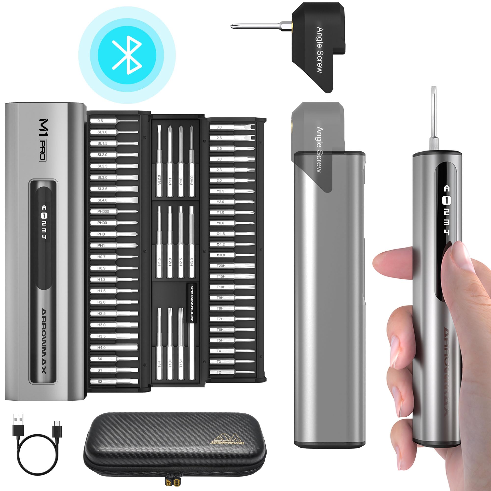 AM ARROWMAX 7.4V Mini Electric Screwdriver Set - 60 in 1 Precision Repair Kit with Removable Angle Screw for Phone, Camera, Watch, Laptop, Electronics - M1 PRO PLUS for DIY & Professional Repairs