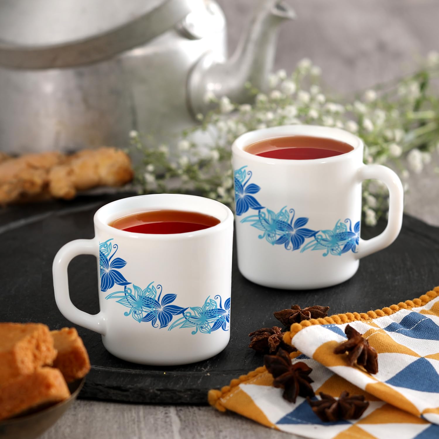 Premium CELLO Opalware Dazzle Stella Tea Cup Set - 6 Small Blue Swirl Coffee Mugs (100ml) | Heat Resistant & Lightweight Porcelain | Perfect for Tea, Coffee, Espresso | Ideal for Home, Office & Restaurant Use
