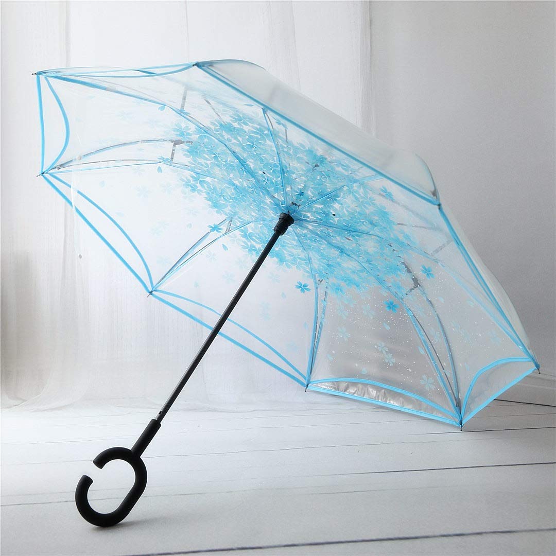 YQYSD LSY Long Handle Umbrella - Women's Reverse Folding Waterproof PVC Transparent Cherry Blossom Design, Extra Thick C-Shaped Handle for Easy Holding - Perfect for Driving, Walking & Rainy Day Commutes