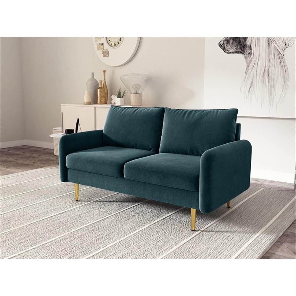 Almor Velvet Loveseat Sofa for Living Room - Prussian Blue Velvet Upholstery | Small Space Furniture, Cozy Seating for Couples, Home Decor