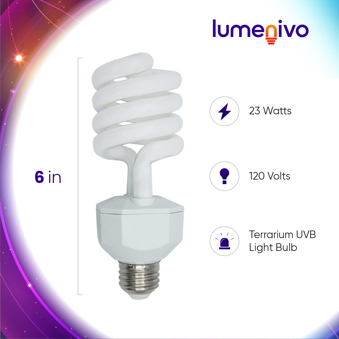 Lumenivo UVB Reptile Light 23W 10.0 Desert Terrarium Bulb for Bearded Dragons, Dwarf Monitors, Veiled Chameleons - High Output UVB Light Bulb Simulates Natural Sunlight for Calcium Absorption - 120V - 2 Pack - Perfect for Desert Reptile Habitats and Basking Areas