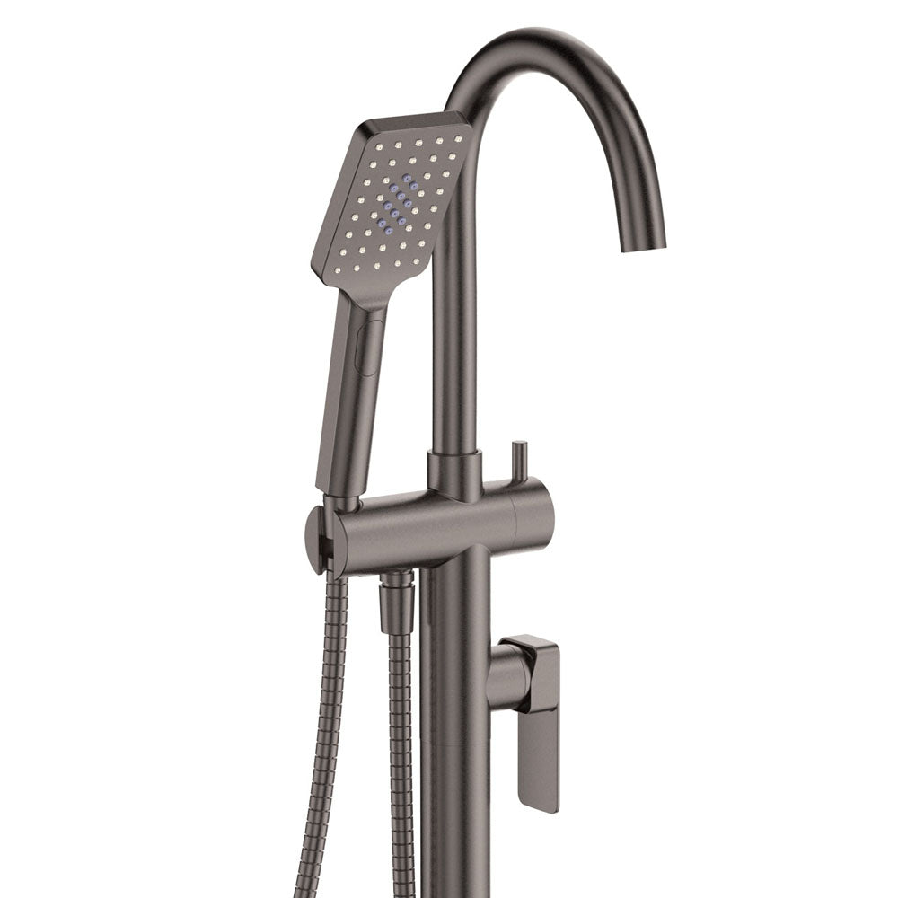 Fienza Tono Floor Mounted Bath Mixer with Hand Shower - Gunmetal Finish - Modern Bathroom Faucet for Freestanding Tubs - Perfect for Spa-Like Relaxation and Luxury Bathing Experience