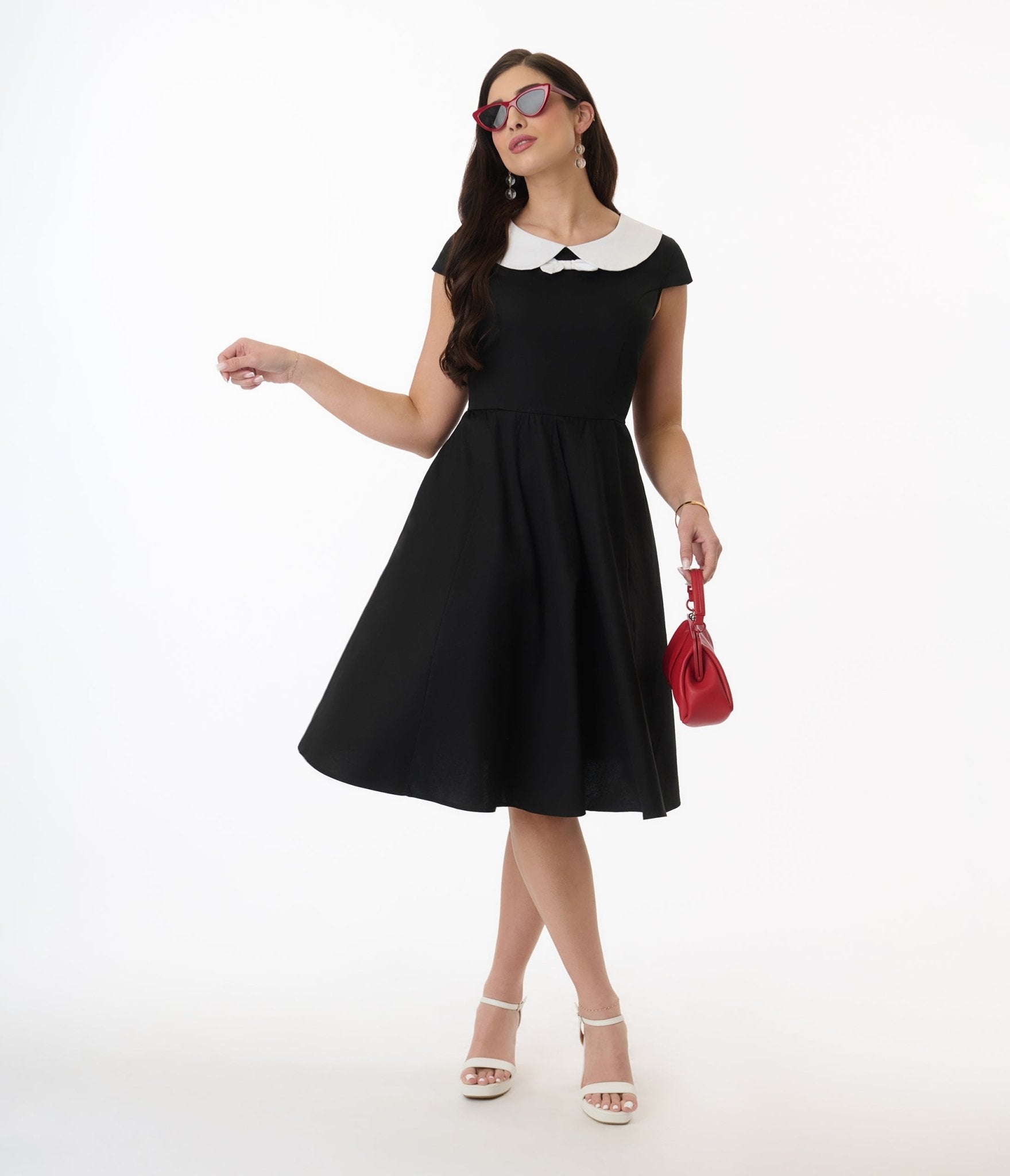 Elegant Black & White Bow Swing Dress for Women - Floral Orchid Print A-Line Dress for Party, Wedding & Special Occasions