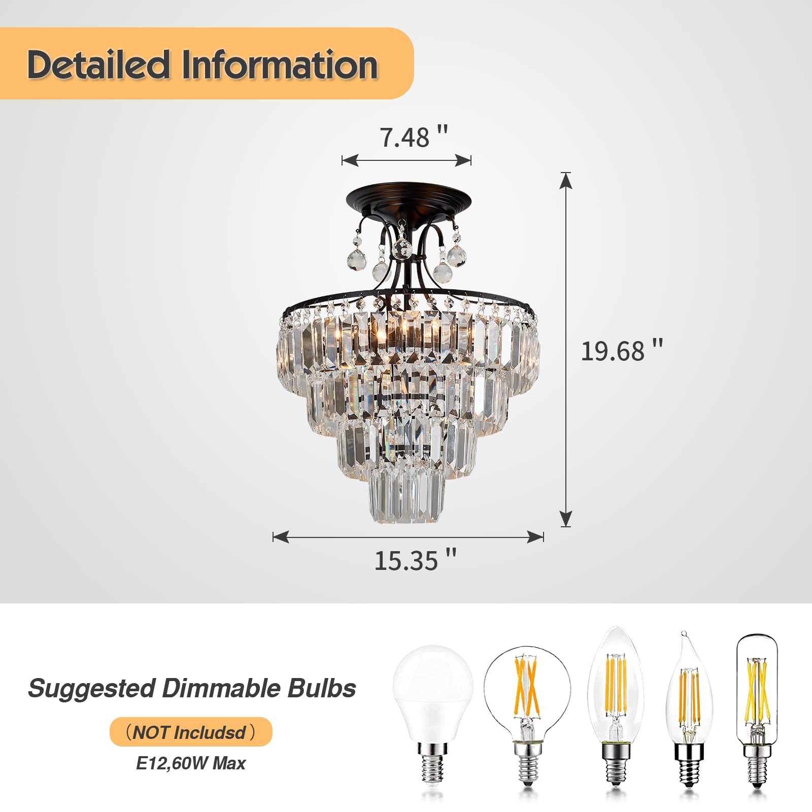 Antique Modern Black Crystal Round Chandelier - 5-Light Semi Flush Mount Ceiling Light Fixture for Living Room, Dining Room, Bedroom, Entryway, Foyer & Bathroom - E12 Base - Elegant Home & Office Lighting Decor
