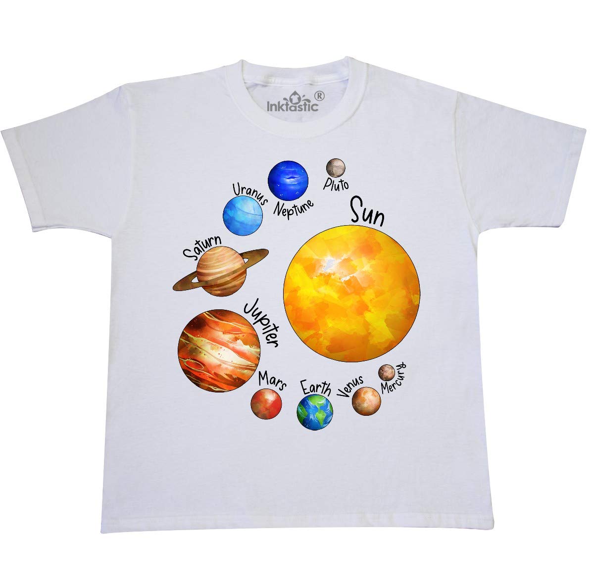 Inktastic Sun and Planets - Yes, and Pluto Youth T-Shirt | Space Astronomy Solar System Graphic Tee for Kids | School Science Day & Space Themed Birthday Party Outfit