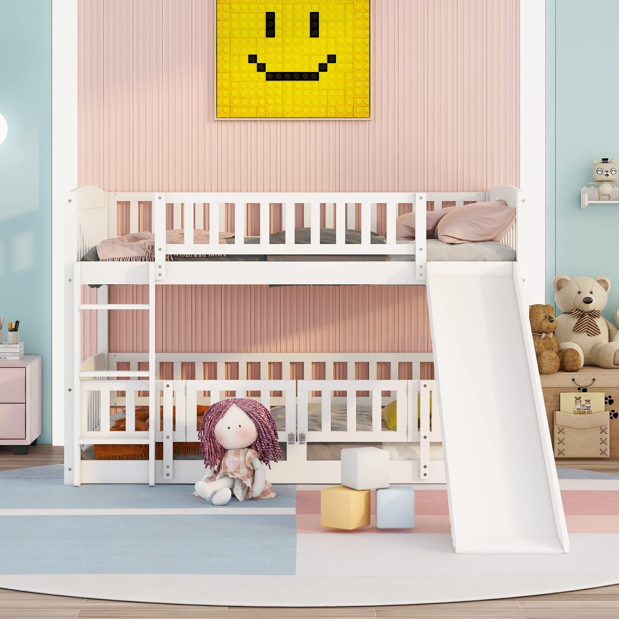 Harper & Bright Designs Full Over Full Low Bunk Beds with Slide, Safety Fence & Ladder - Sturdy Wooden Kids Bunk Bed for Boys & Girls - Perfect for Small Rooms, Shared Kids Bedrooms & Sleepovers - White
