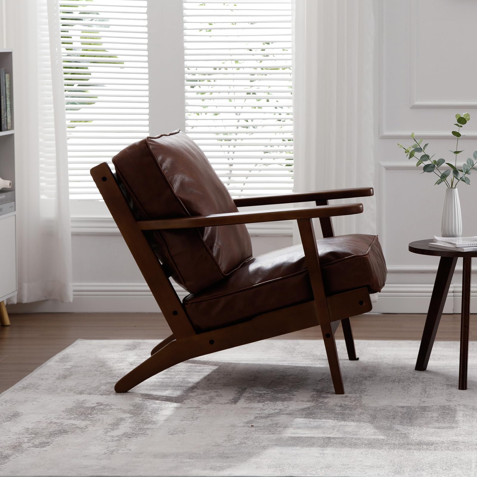 Mid Century Modern Accent Chairs Set of 2 - PU Leather Upholstered Armchairs with Solid Wood Frame for Living Room, Bedroom & Reading Nook - Elegant Brown Lounge Chairs for Home Decor & Relaxation