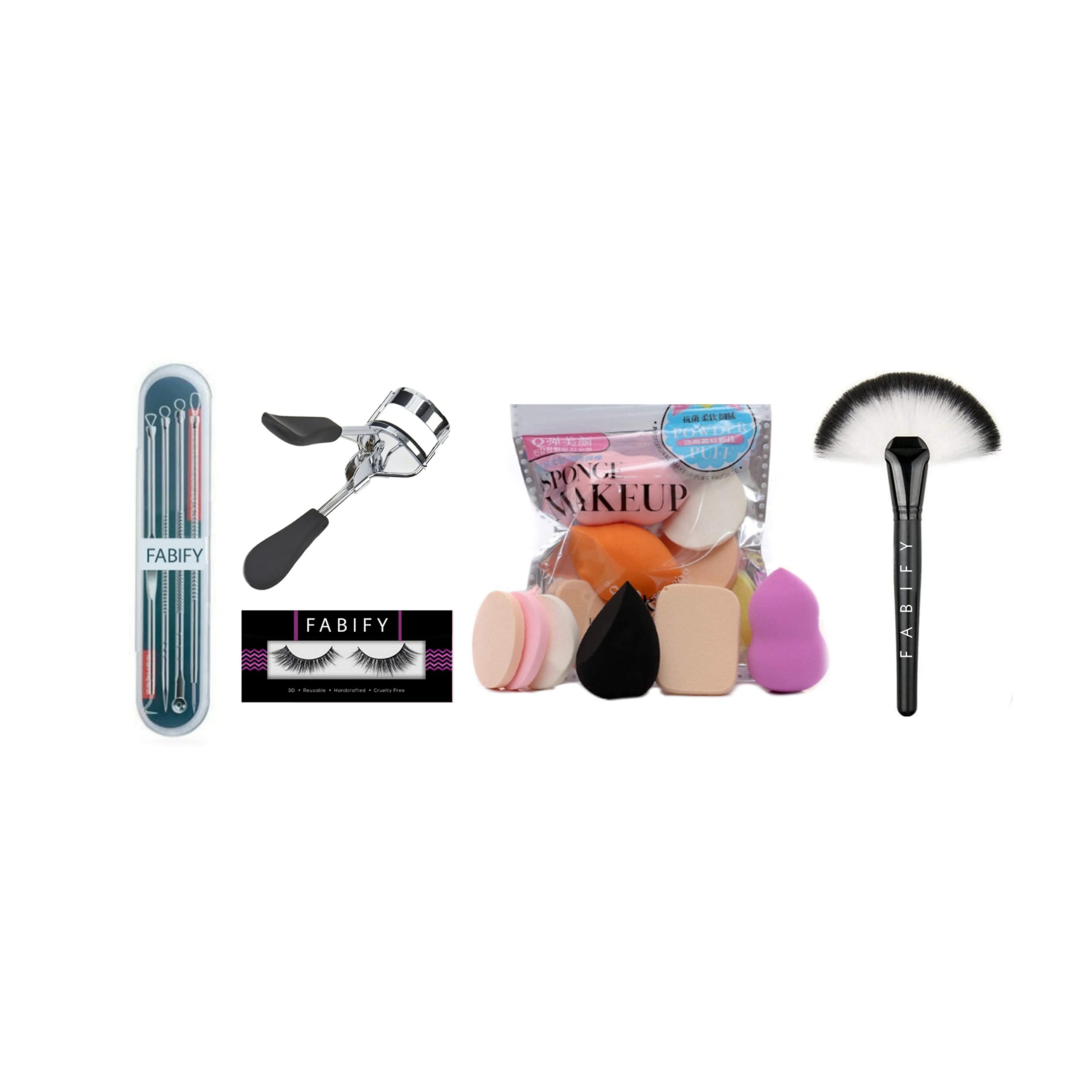 Tuch - Much Fan Brush Cosmetic Tool for Makeup, Blackhead Removal Needle, 6-in-1 Puff Blender Set & Eyelash Curler Combo Kit | Professional Makeup Tools for Foundation, Contouring & Beauty Routine