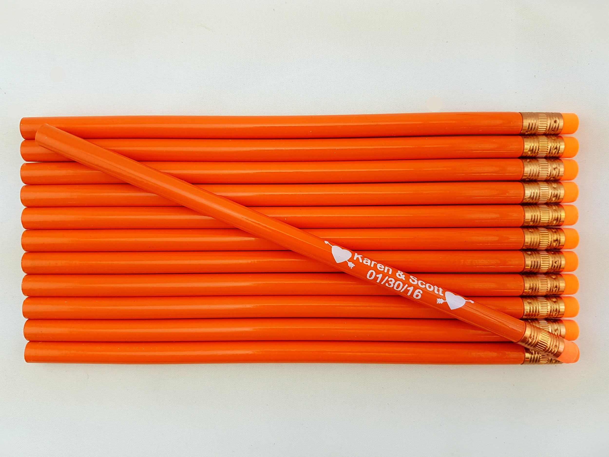 Personalized Wedding Announcement Pencils - Custom Two-Line Engraved with Heart Arrows - Orange Round Pencils with Eraser (12-Pack) - Perfect for Wedding Favors, Bridal Showers & Thank You Gifts