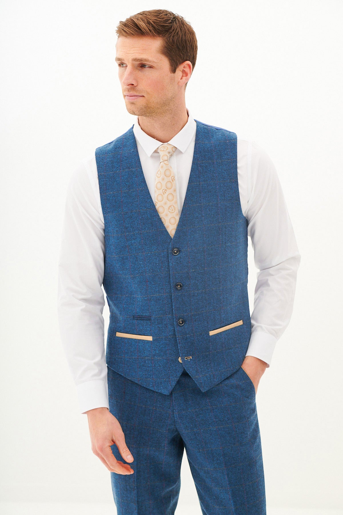 LEN DION Men's Blue Tweed Check Waistcoat Vest - Stylish Formal Wear for Weddings, Parties & Business Events