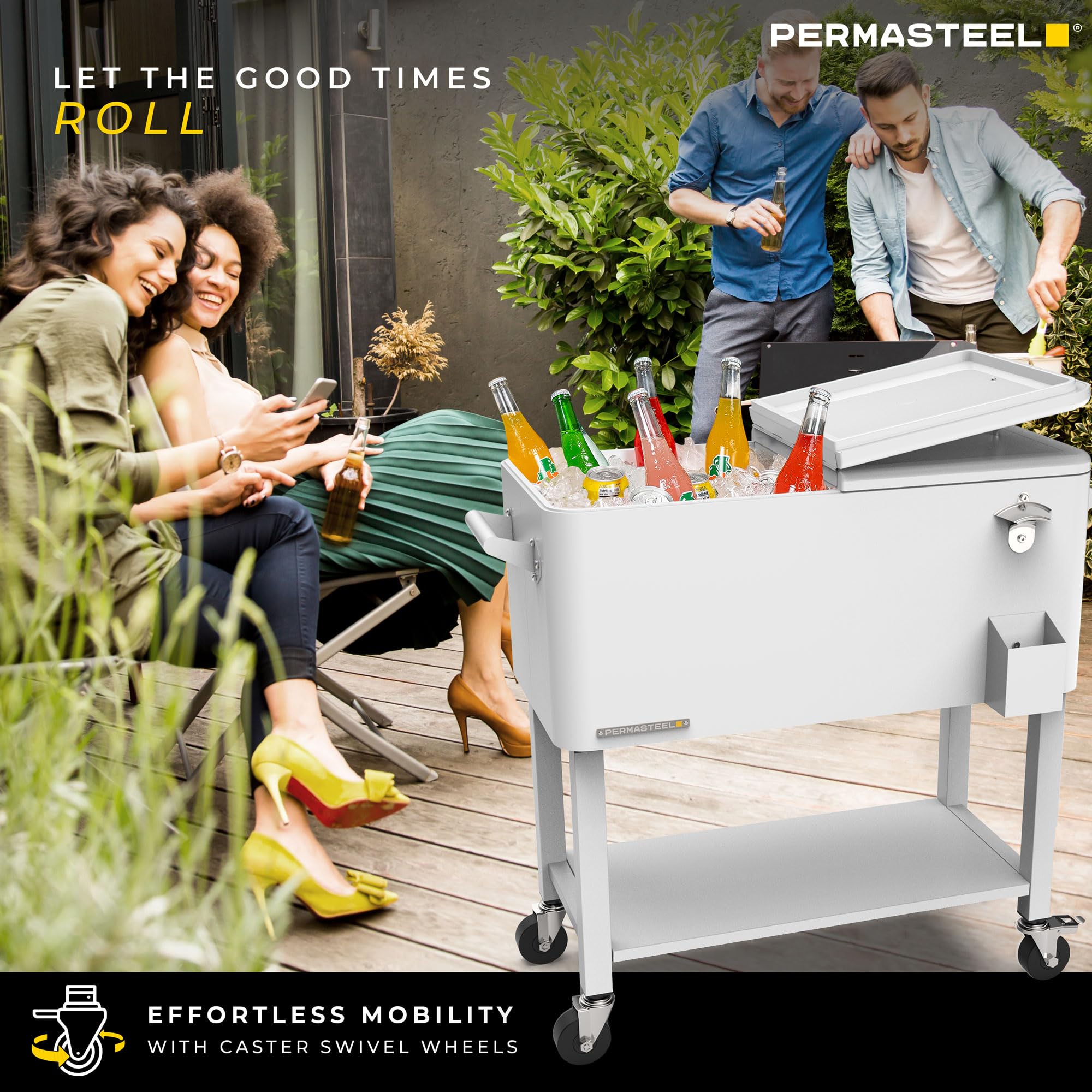 Permasteel 80-Quart Outdoor Rolling Cooler Cart with Removable Basin - Portable Beverage Cooler with Wheels & Handles for Patio, Backyard, Camping & Tailgating - White