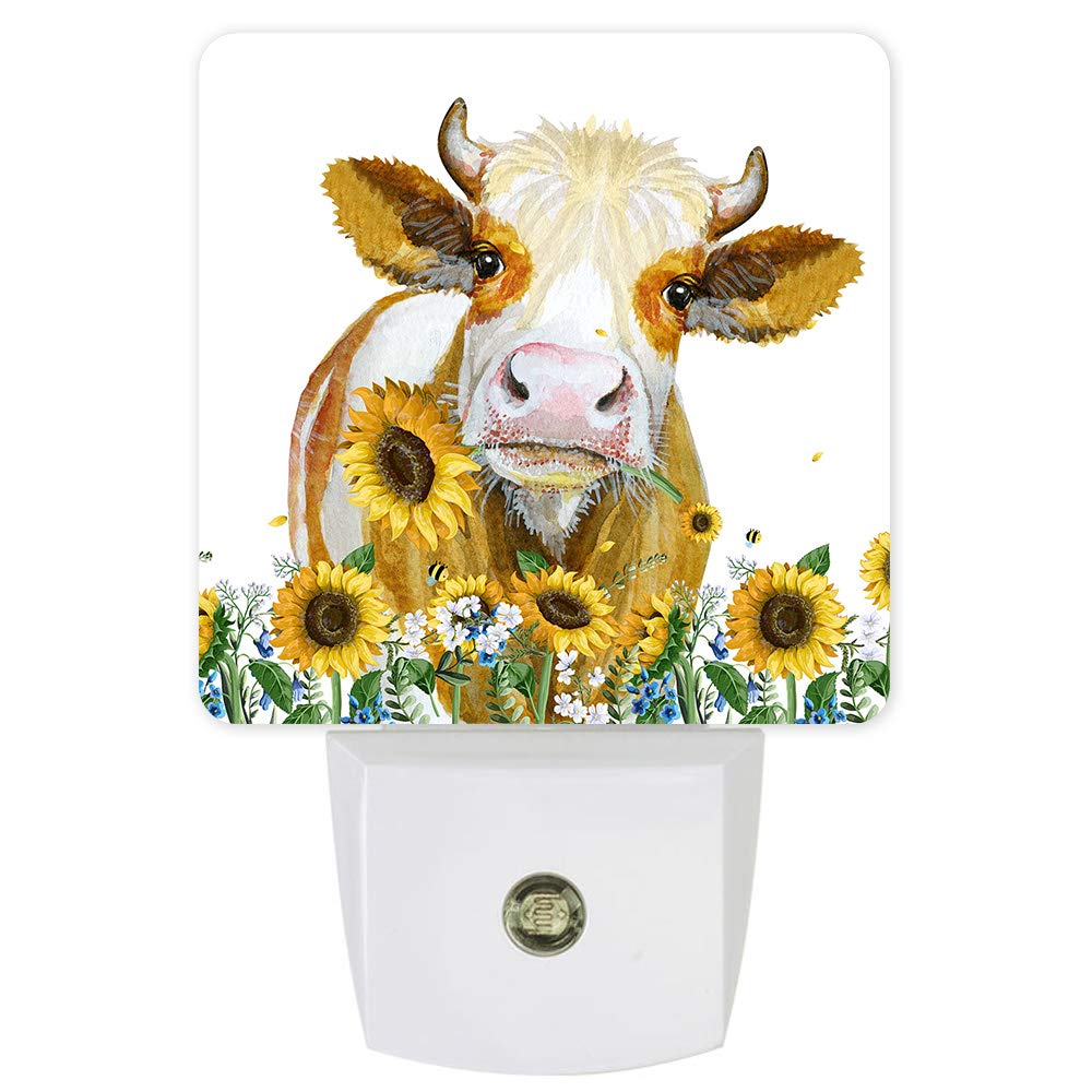 LED Night Light Plug in for Bedroom & Nursery - Sunflower Cow Wall Light with Auto Sensor, Kids Room Decor for Boys & Girls | Perfect for Bedtime, Hallway Safety & Baby Monitoring