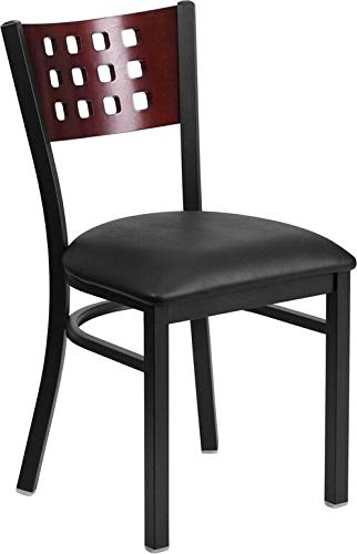 Stylish Cutout Back Metal Restaurant Chair with Mahogany Wood Back & Vinyl Seat - Black Commercial Dining Furniture for Cafes, Bistros and Home Kitchens