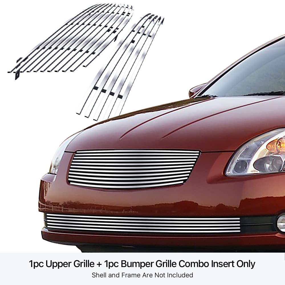 APS Compatible with Nissan Maxima 2004-2006 Chrome Billet Front Grille Insert Combo - Upper & Lower Bumper Grill Replacement - Perfect for Car Customization & Street Style Upgrades