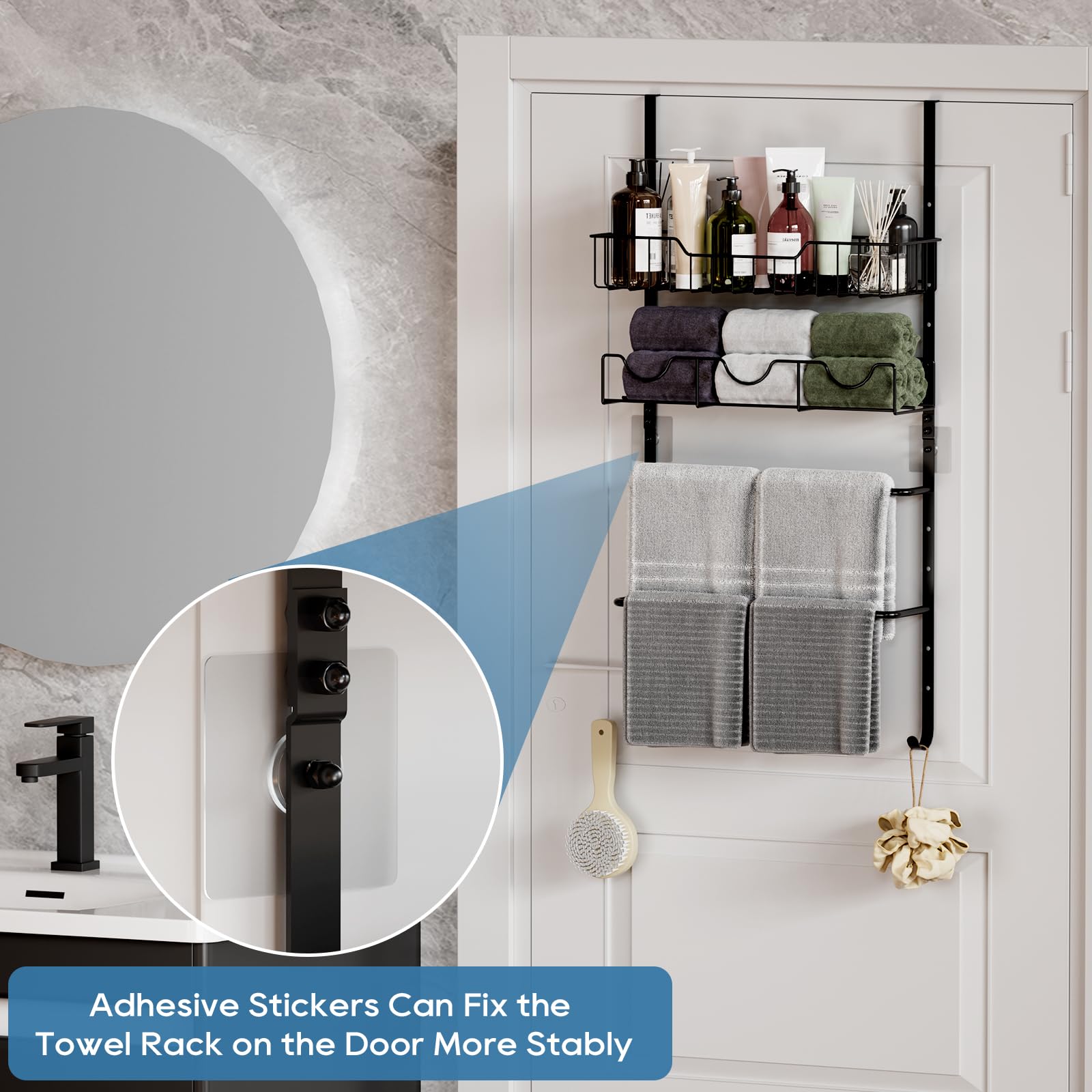 4-Tier Adjustable Over The Door Towel Rack with Storage Basket - Space Saving Bathroom Towel Holder for Bath, Shower & Kitchen Organization - Perfect for Small Spaces, Apartments & Dorm Rooms