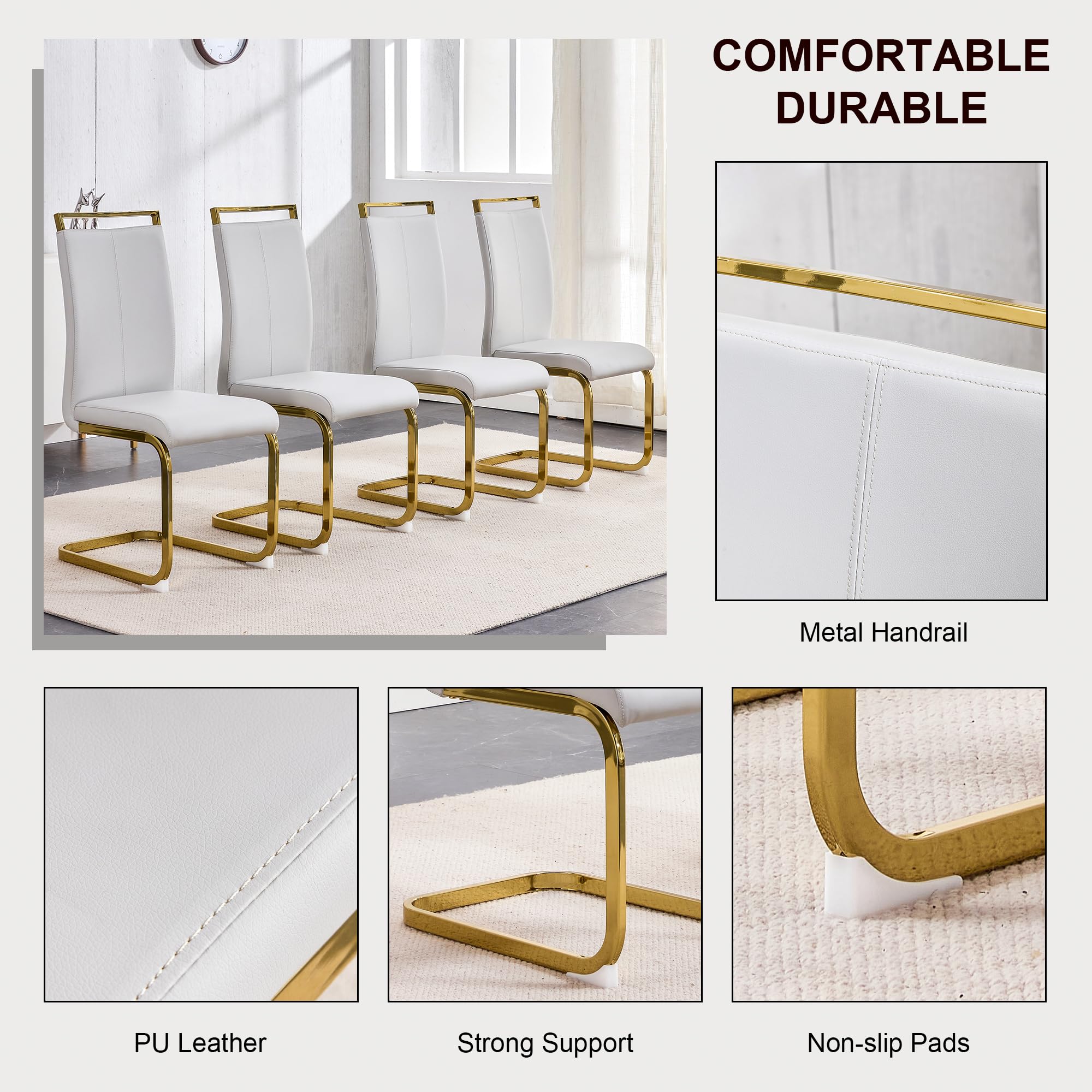 Baysitone Modern Dining Chairs Set of 4 - Gold Frame Faux Leather Padded High Back Side Chairs for Kitchen, Dining Room & Living Room - Light Grey - Perfect for Home Decor, Family Gatherings & Dinner Parties