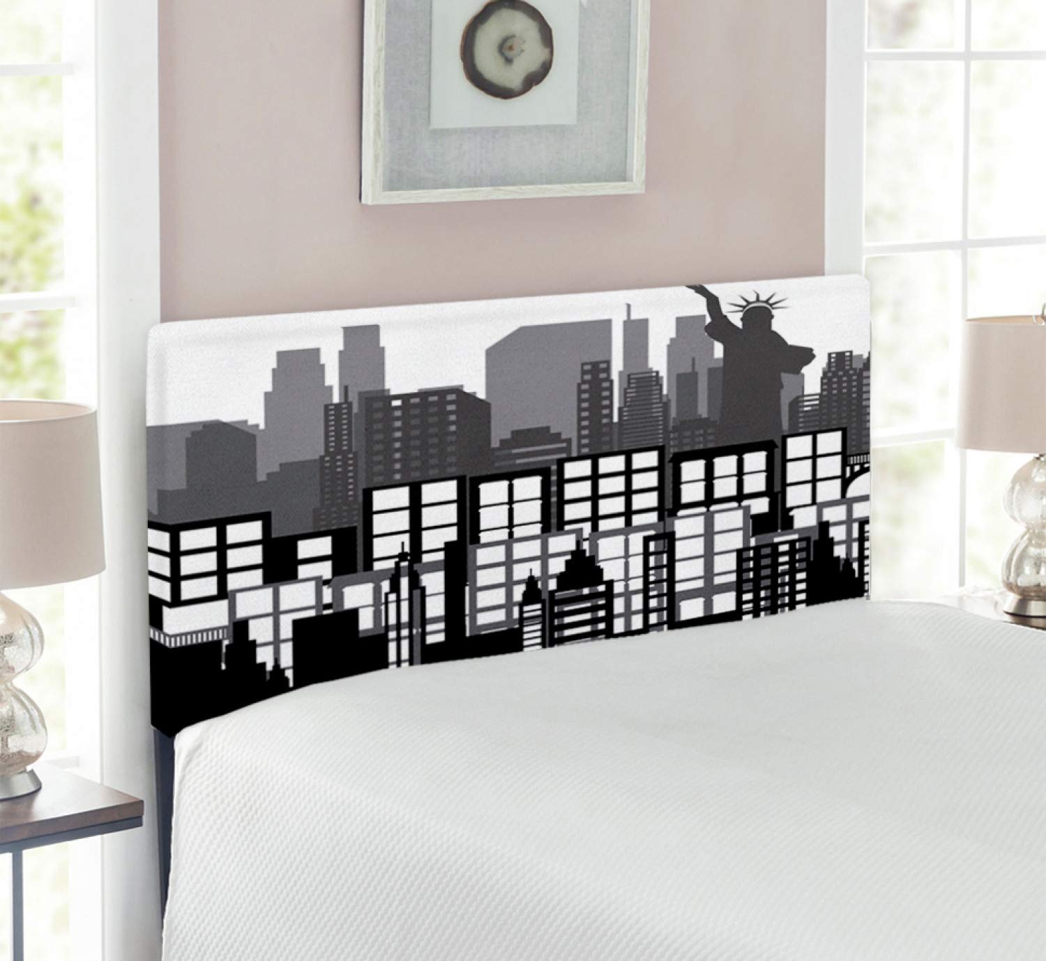 Ambesonne Upholstered Metal Headboard with Memory Foam - Twin Size Black & White Liberty Statue & Skyscraper Landscape Design | American Architecture Pattern Bed Headboard for Modern Bedroom Decor