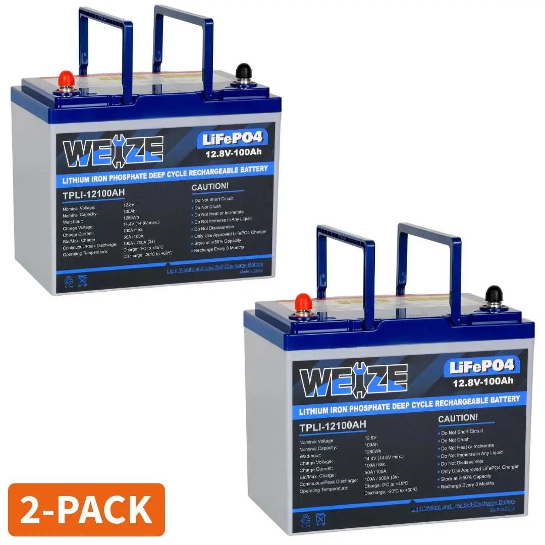 WEIZE 12V 100Ah 1280Wh LiFePO4 Lithium Battery - Upgraded Compact Size, Group 24 Deep Cycle Battery for RV, Solar, Marine, Off-Grid & Backup Power Applications