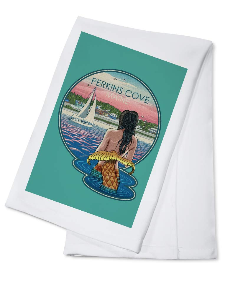 Perkins Cove Maine Mermaid Beach Cotton Tea Towel - 100% Cotton Decorative Hand Towel for Kitchen & Home - Perfect for Coastal Decor, Dish Drying & Gift Giving