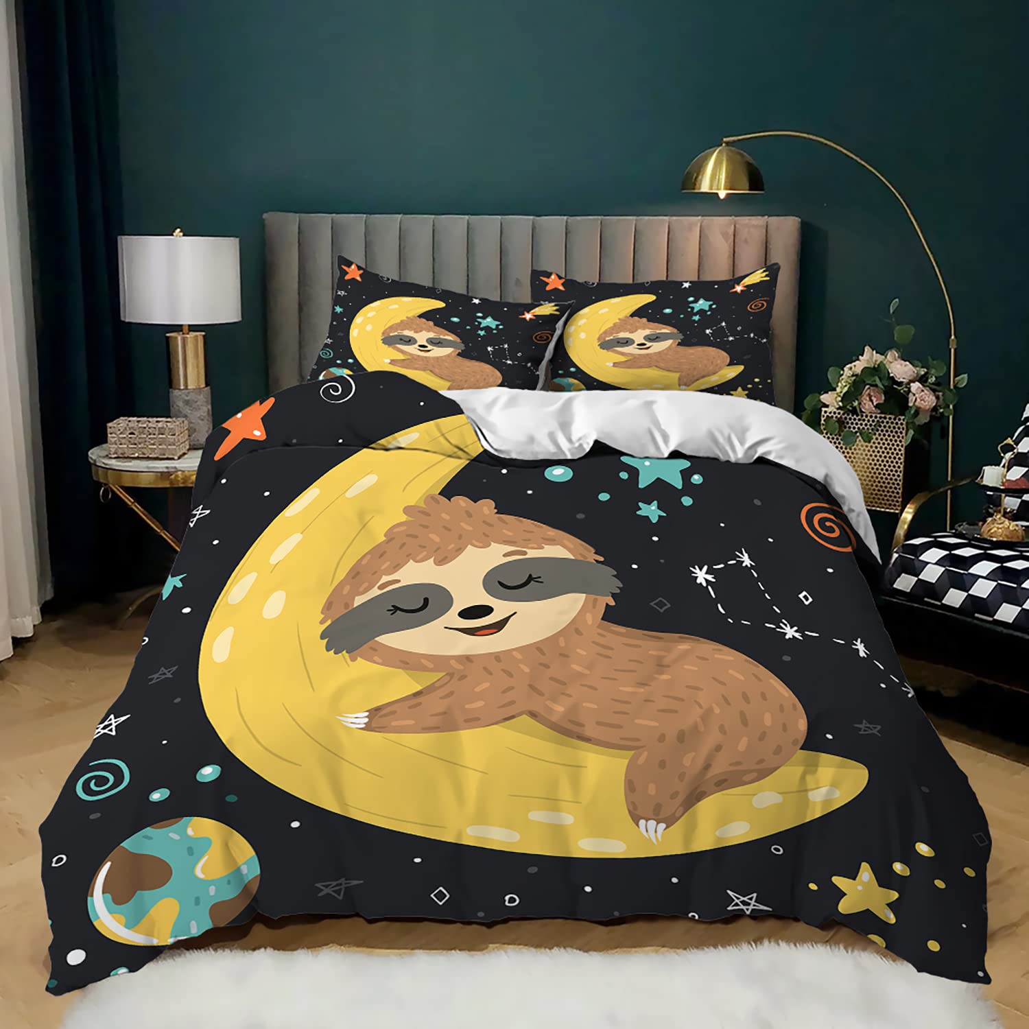 AILONEN Sloth Bedding Set Queen Size - Cartoon Sloth Duvet Cover Set for Kids, Girls & Boys - 3 Piece Bedding with 1 Quilt Cover & 2 Pillowcases - Soft Printed Sloth Pattern - Perfect for Kids' Room, Nursery Decor & Cozy Sleepovers