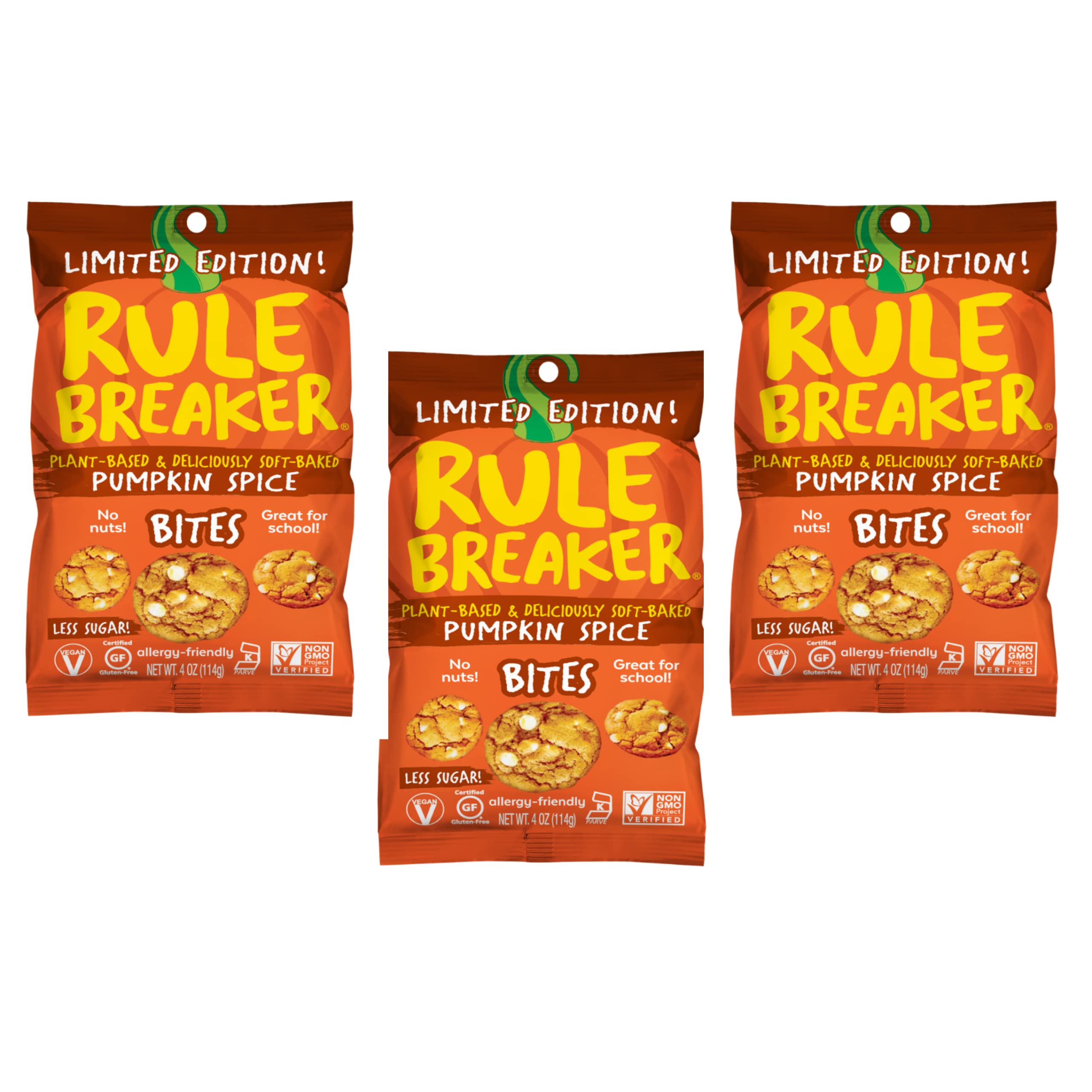 Rule Breaker Snacks Vegan Gluten Free Pumpkin Spice Cookie Bites - Plant-Based, Dairy Free, Nut Free, Soy Free, Allergen Free, Kosher Certified Soft-Baked Cookies - Healthy School Snacks for Kids & Adults (Pack of 3) | Perfect for Lunchboxes, After-School Treats & On-The-Go Snacking