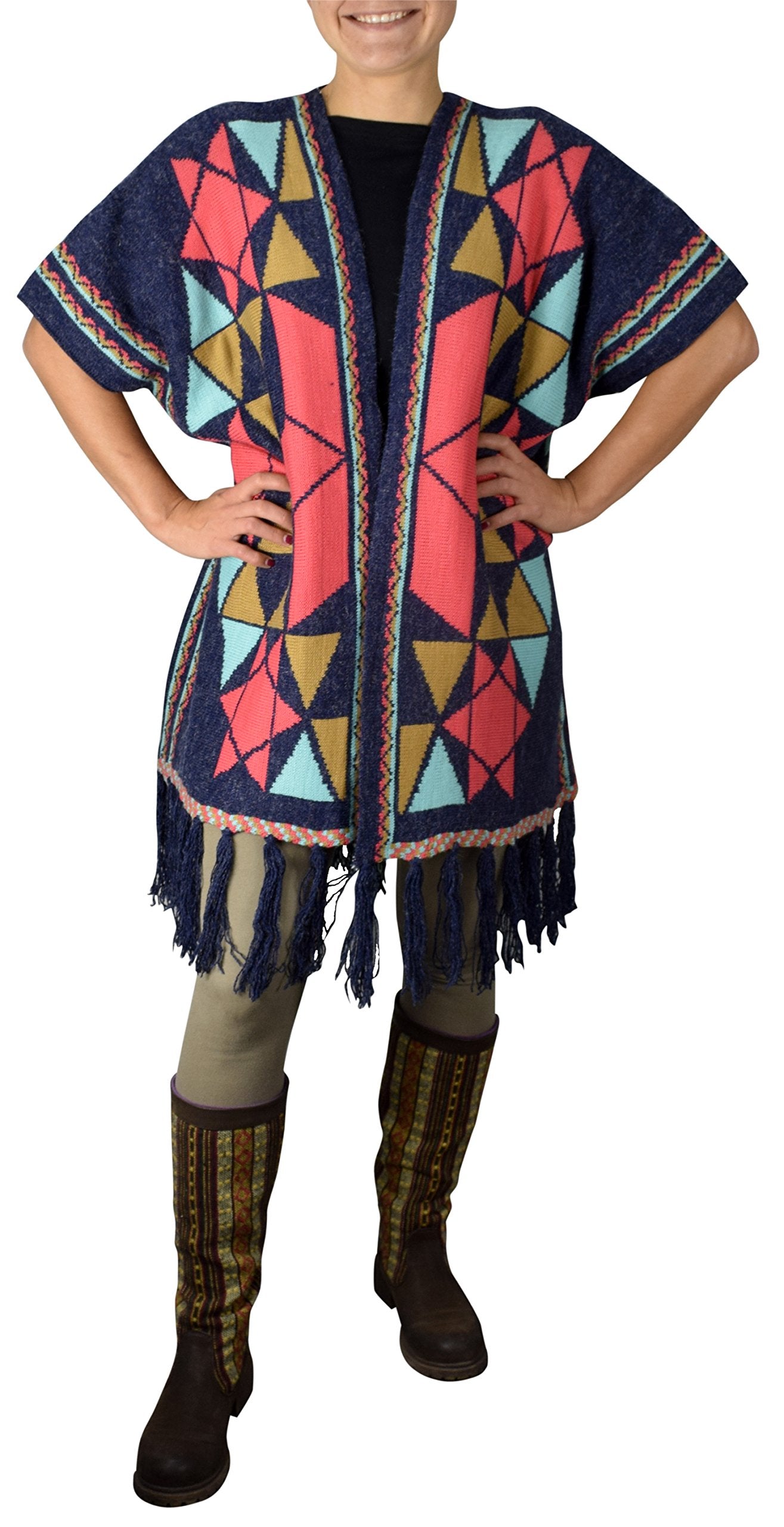 Women's Argyle Thick Knit Winter Cardigan Sweater Poncho with Fringes - Cozy Oversized Wrap for Cold Weather, Christmas Gifts & Holiday Outfits