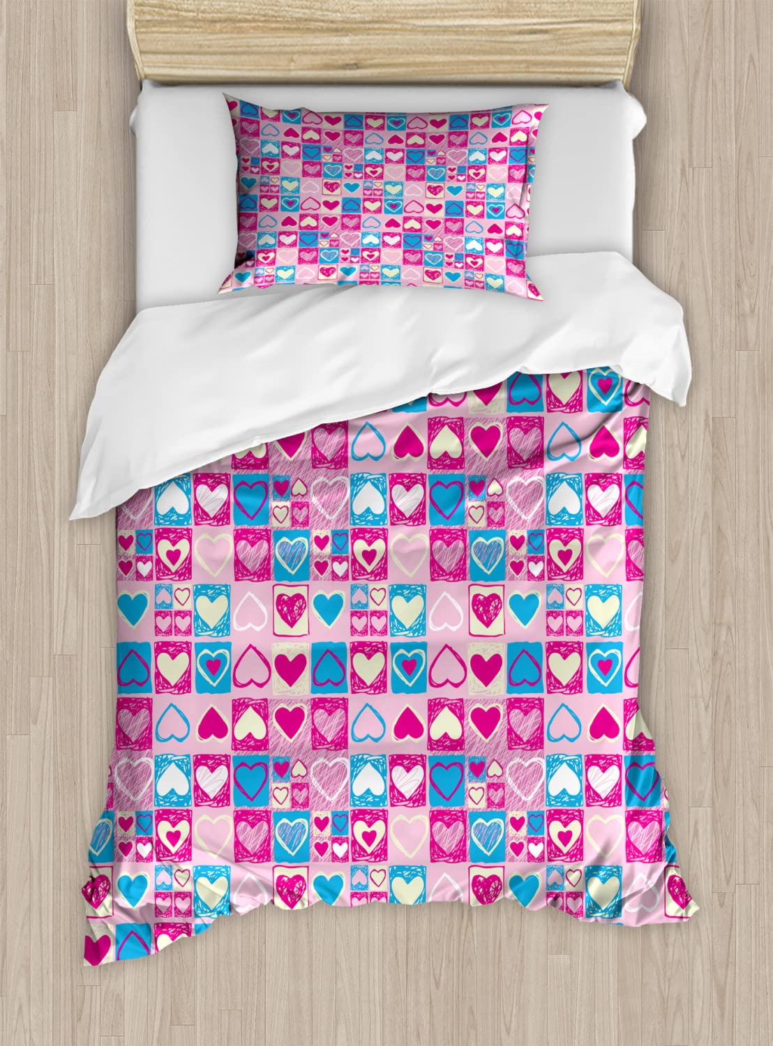 Ambesonne Love Duvet Cover Set - Romantic Doodle Sketch Hearts in Squares Design, 2-Piece Twin Size Bedding Set with 2 Duvet Covers & 2 Pillowcases, Pink Blue Cream - Perfect for Girls' Bedroom, Valentine's Day Gift, and Romantic Home Decor