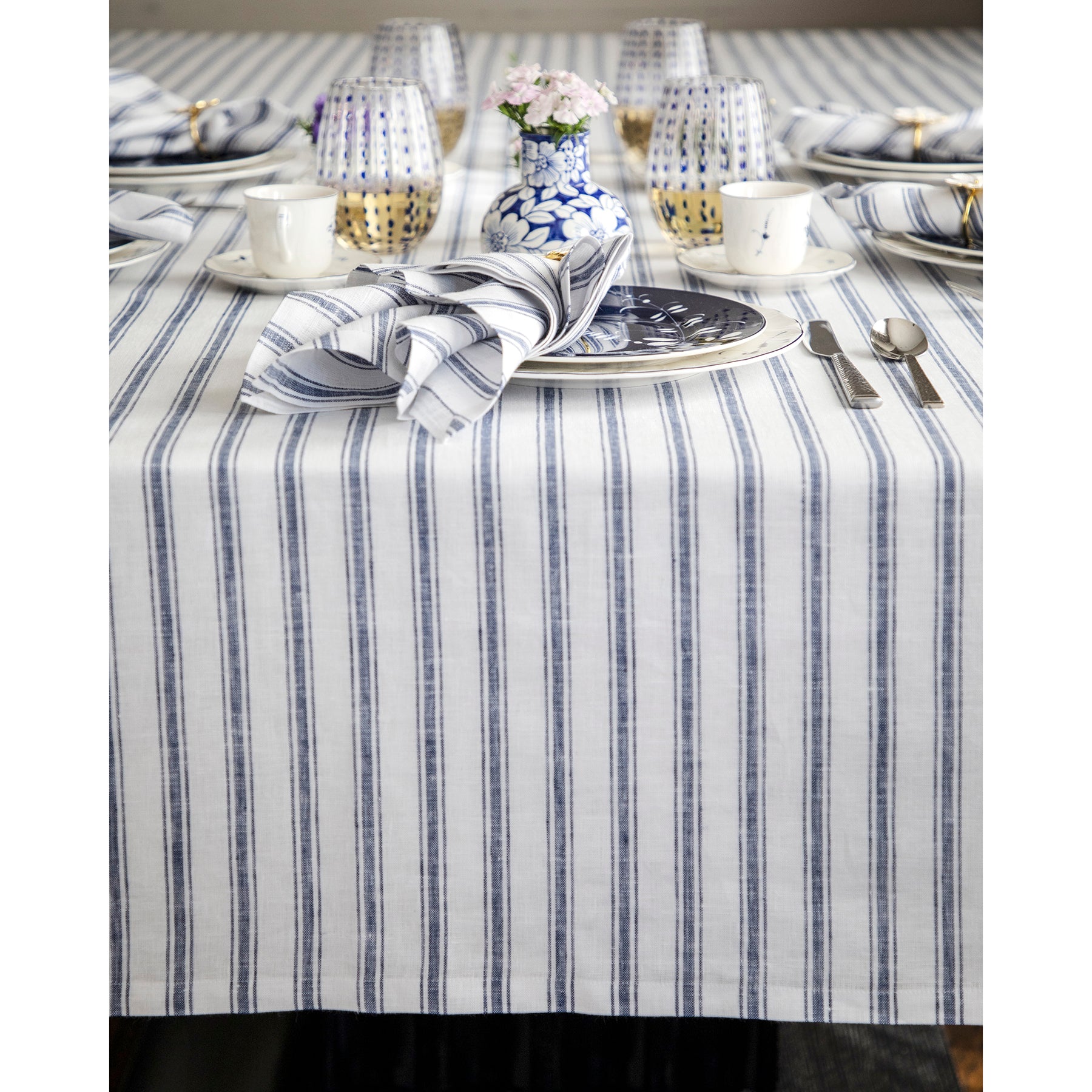 Stylish Capri Ticking Stripe Tablecloth - Waterproof & Washable Cotton Table Cover for Dining Room, Kitchen, and Outdoor Picnics