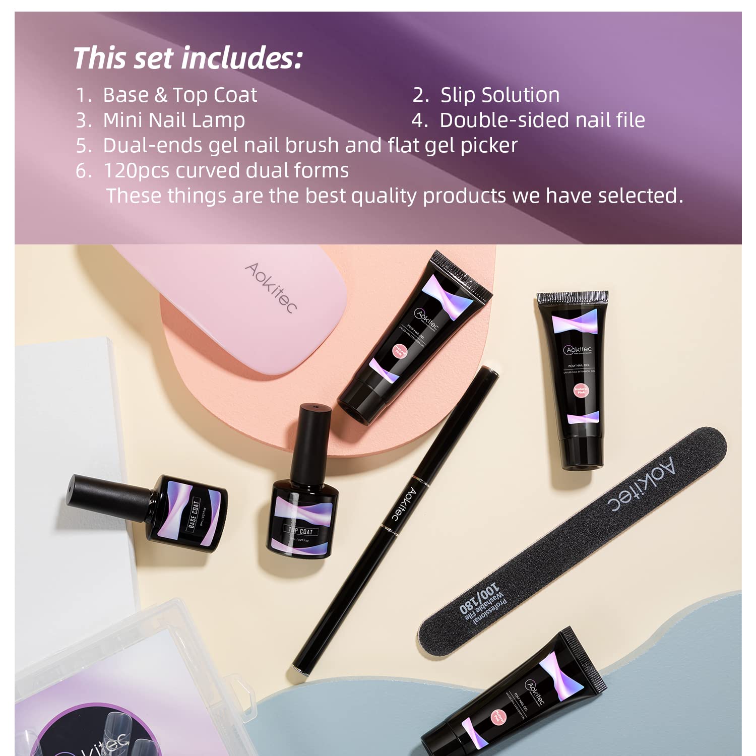 Aokitec 14Pcs Poly Nail Gel Kit - 7 Colors UV LED Nail Extension Set for Salon & Home DIY