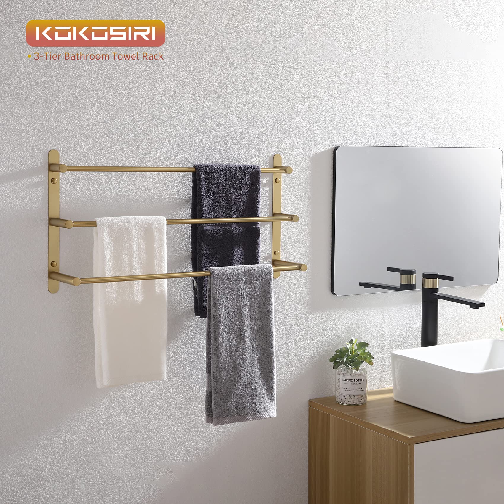 Stainless Steel 3-Tier Ladder Towel Holder - Wall Mounted Bathroom Towel Rack with Shelves (Brushed Gold, B5002BG-L24) - Perfect for Spa, Guest Bathroom & Luxury Home Decor