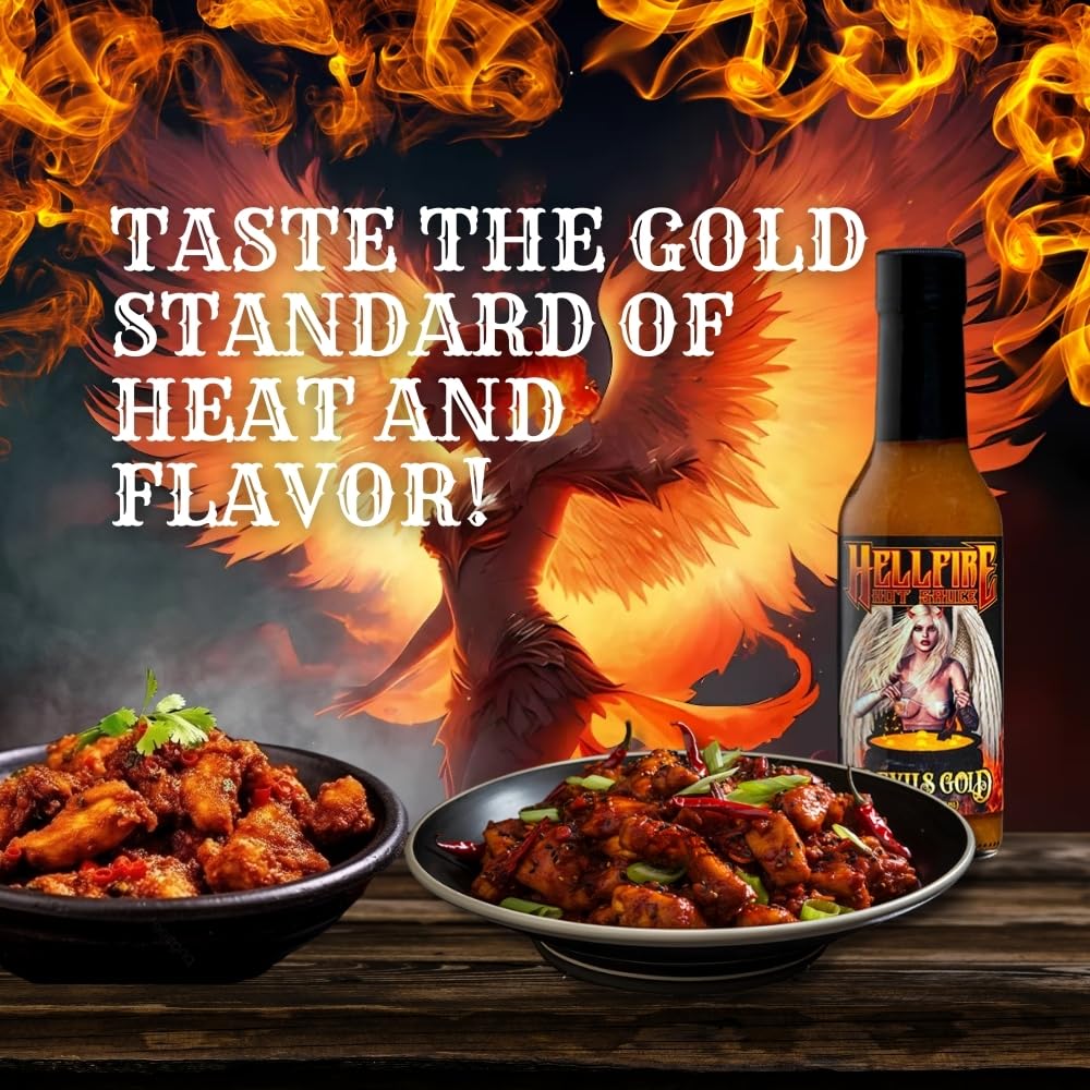 Hellfire Devil's Gold Hot Sauce - Award-Winning Gourmet Hot Sauce with Yellow Super Hot Peppers & Exotic Fruits - Sweet & Spicy Blend - 5 oz Bottle - Perfect for Wings, Tacos, Burgers & BBQ