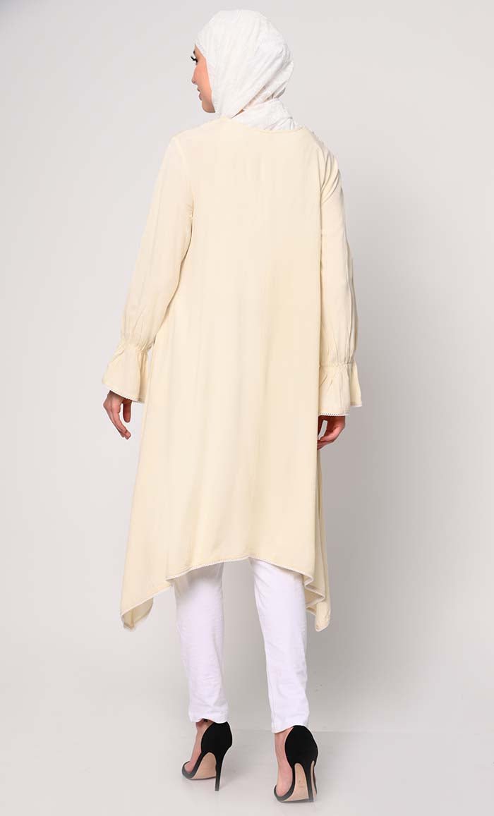 Embroidered Cream Tunic Top with Asymmetrical Hemline - Women's Elegant Blouse for Casual Wear, Office & Special Occasions