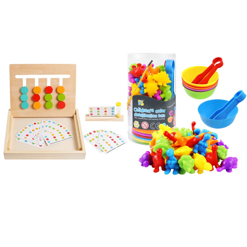 HOONEW Montessori Preschool Learning Toys - Slide Puzzle Board, Color Shape & Counting Dinosaur Toys with Matching Stacking Cups - Educational Counting & Sorting Activity Set for Toddlers - Perfect for Homeschooling & Early Childhood Development